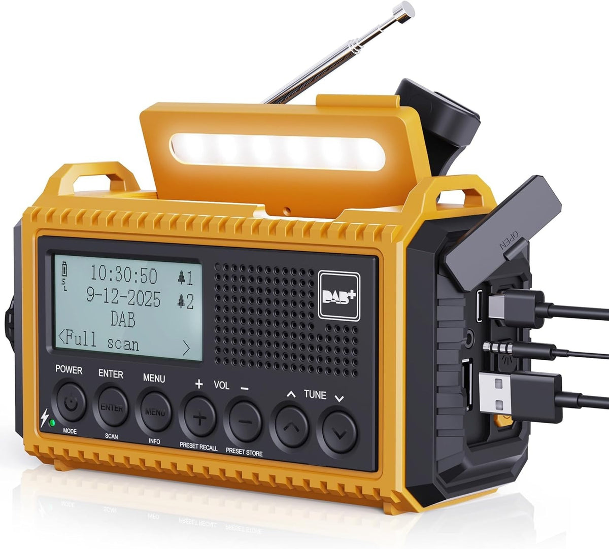 Yellow Wind Up Solar Radio DAB, FM 5000mAh Power Bank Flashlight SoS