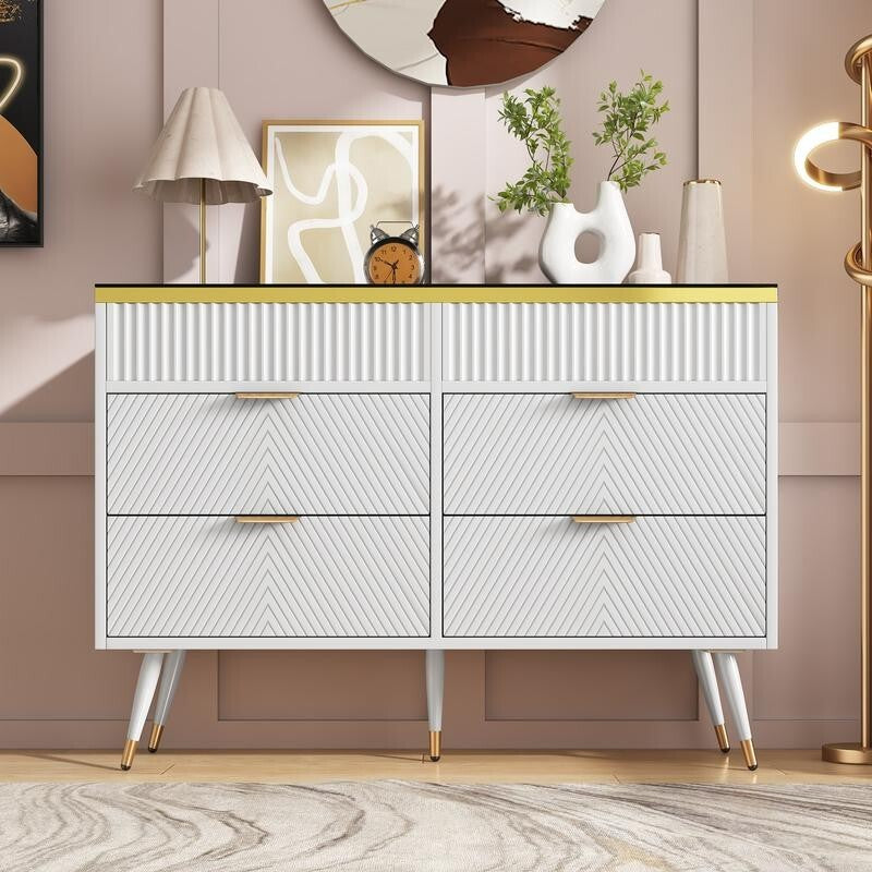 Modern 6 Drawer Dresser Sideboard Cabinet Amber Glass Top Storage Unit
