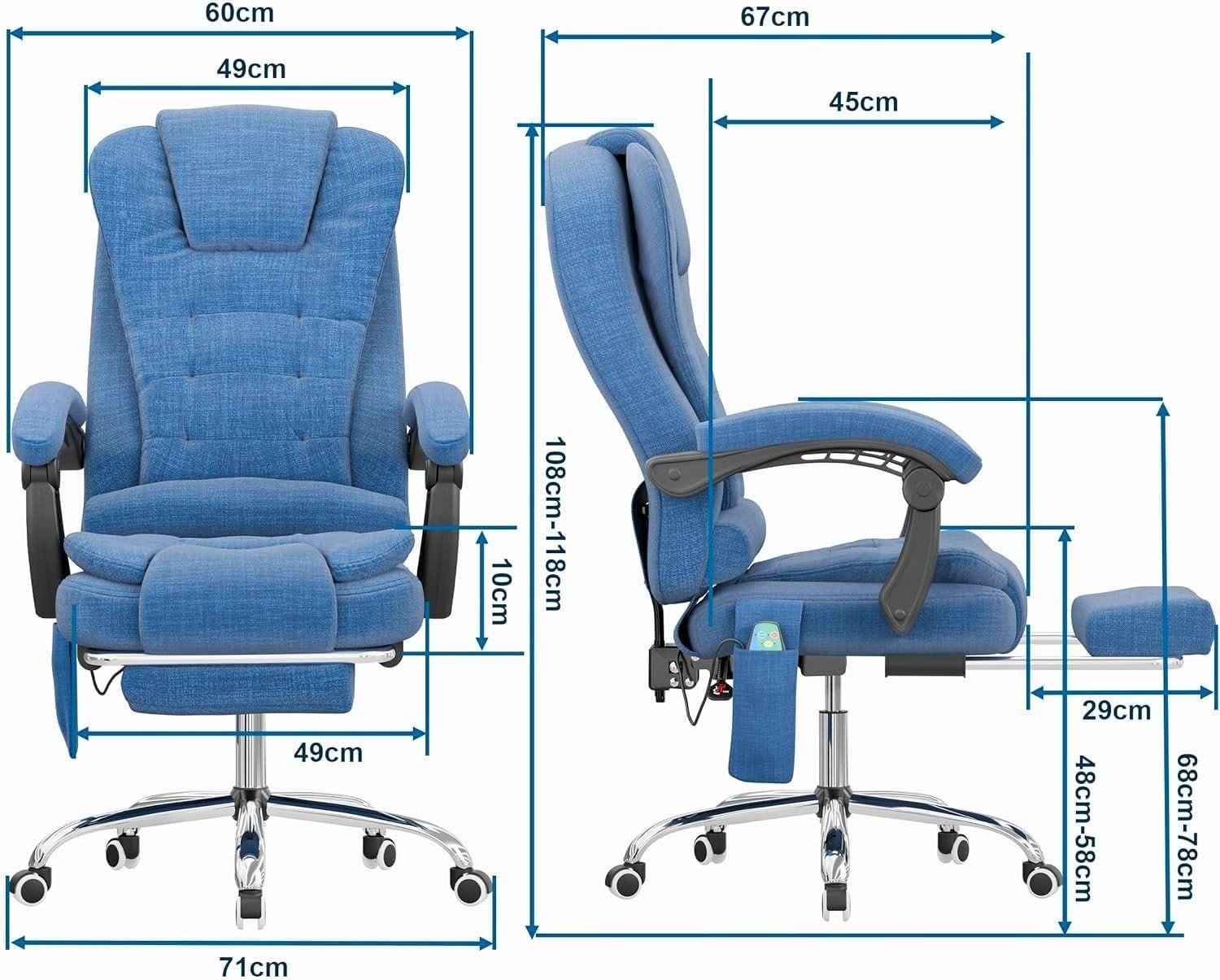 Massage Office Chair Recliner Linen Blue Gaming Computer Swivel Footrest