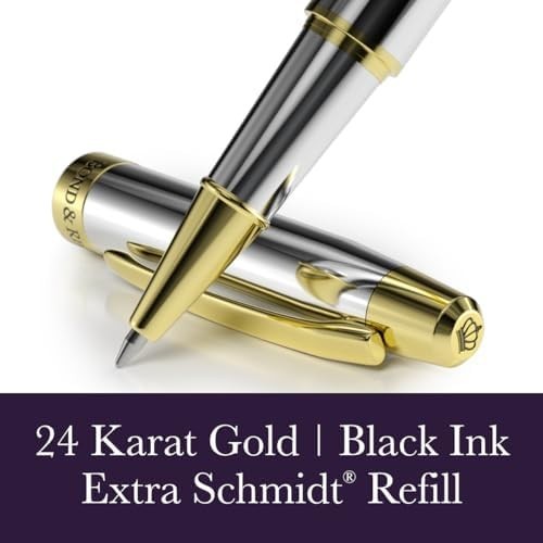 Luxury Rollerball Pen Silver Chrome 24K Gold Trim Bold Ink
