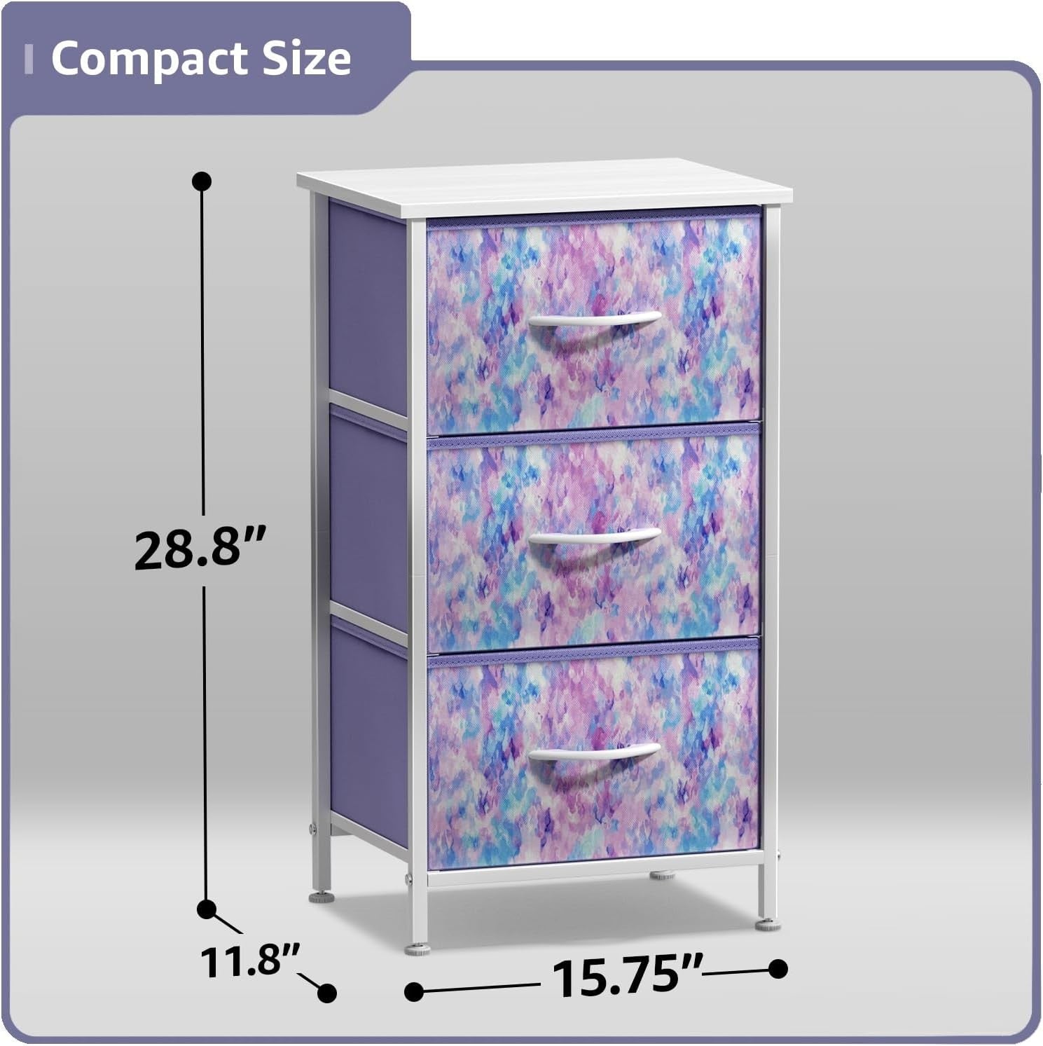 Kids 3-Drawer Storage Nightstand Fabric Dresser Chest w/ Wood Top Purple Tie-Dye