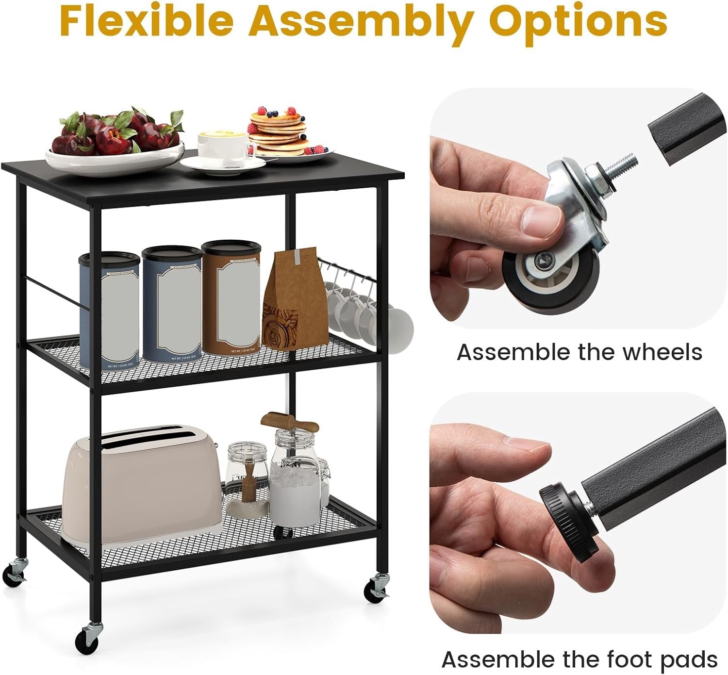 Kitchen Bakers Rack Rolling Microwave Stand 3 Tier Shelves Wheels