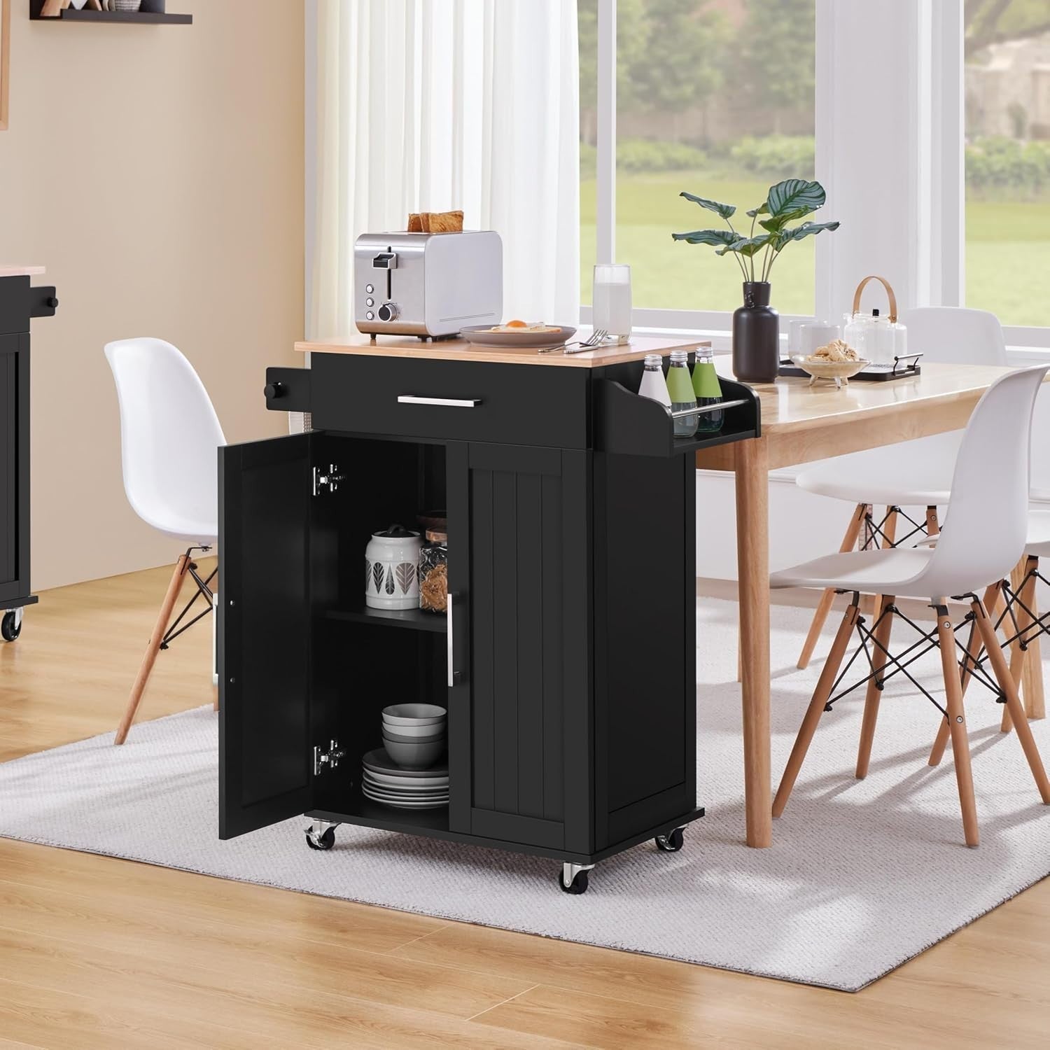 Black Kitchen Island Cart on Wheels w/ Bamboo Top Cabinet