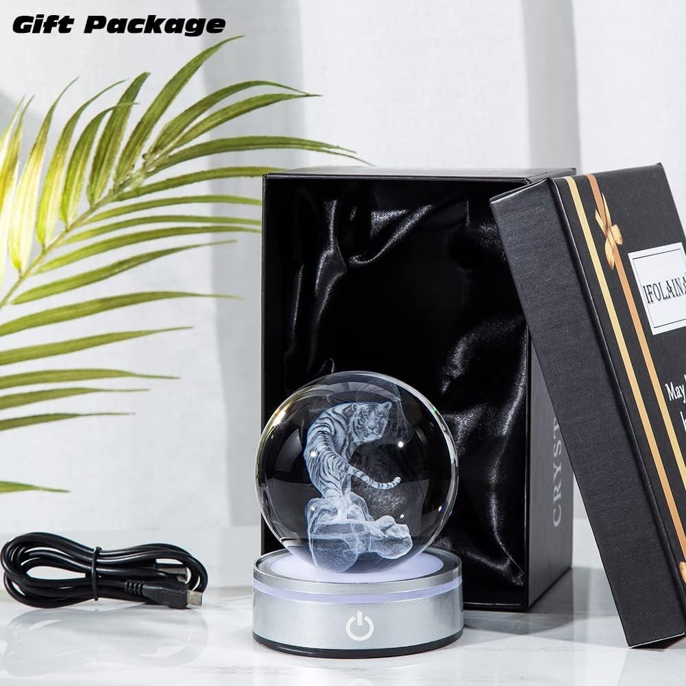 3D Tiger Crystal Ball LED Light • Laser Engraved White Tiger Ornament