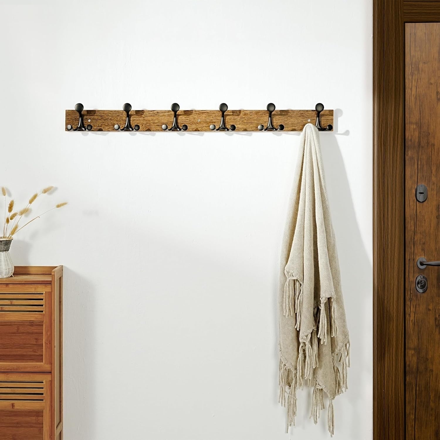Wood Burnt Wall Coat Rack 6 Triple Hooks | 99cm Rustic Hanging Rail