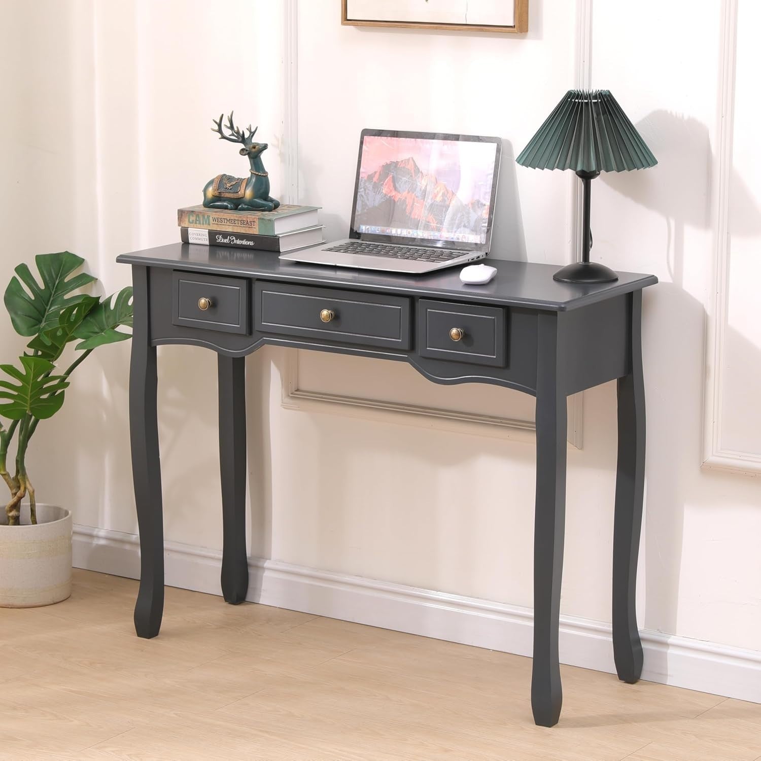 Console Table with 3 Drawers Dark Grey Solid Wood Legs Hallway Living Room