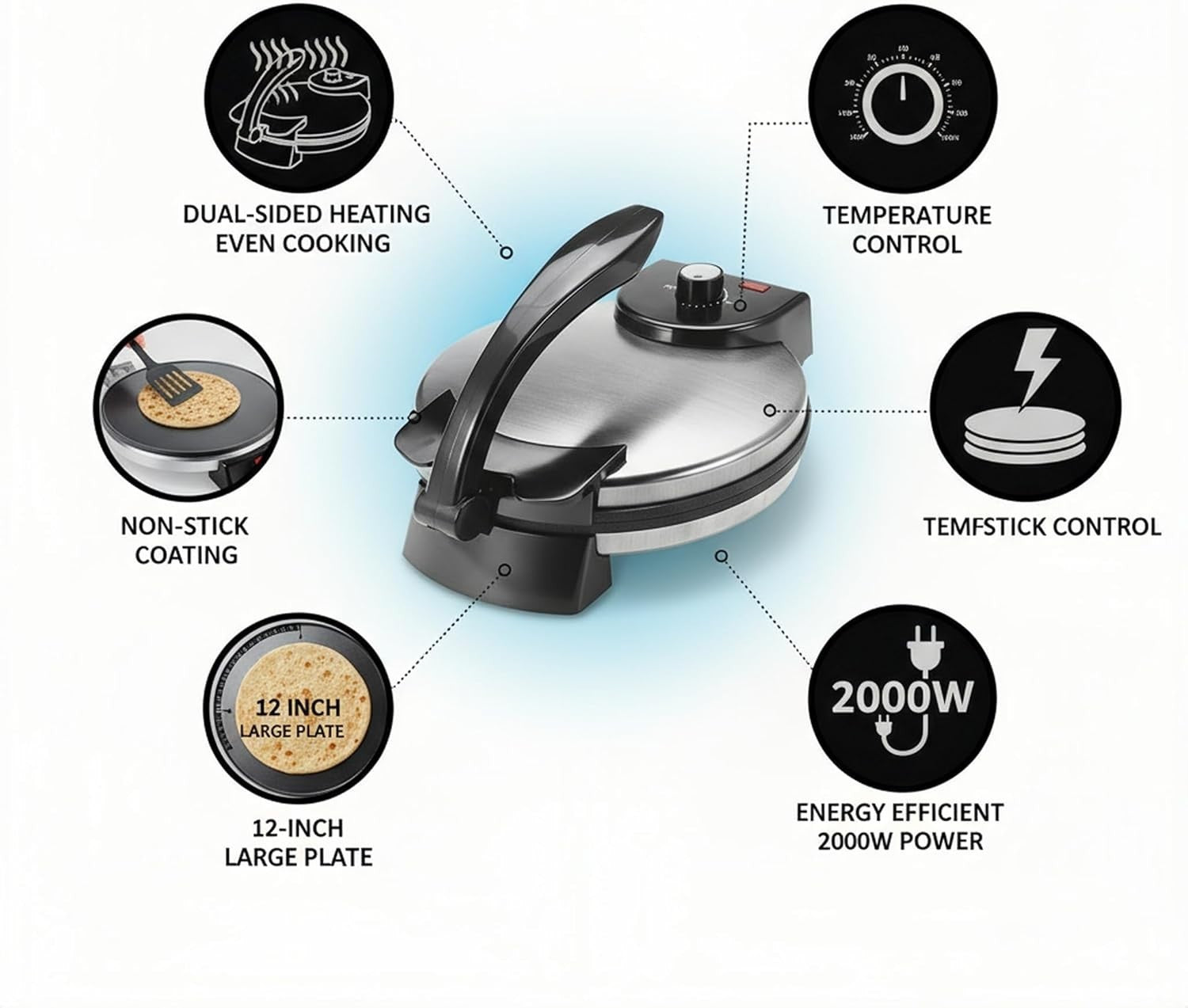 2000W 12" Electric Pancake & Roti Maker | Non-Stick Double-Sided
