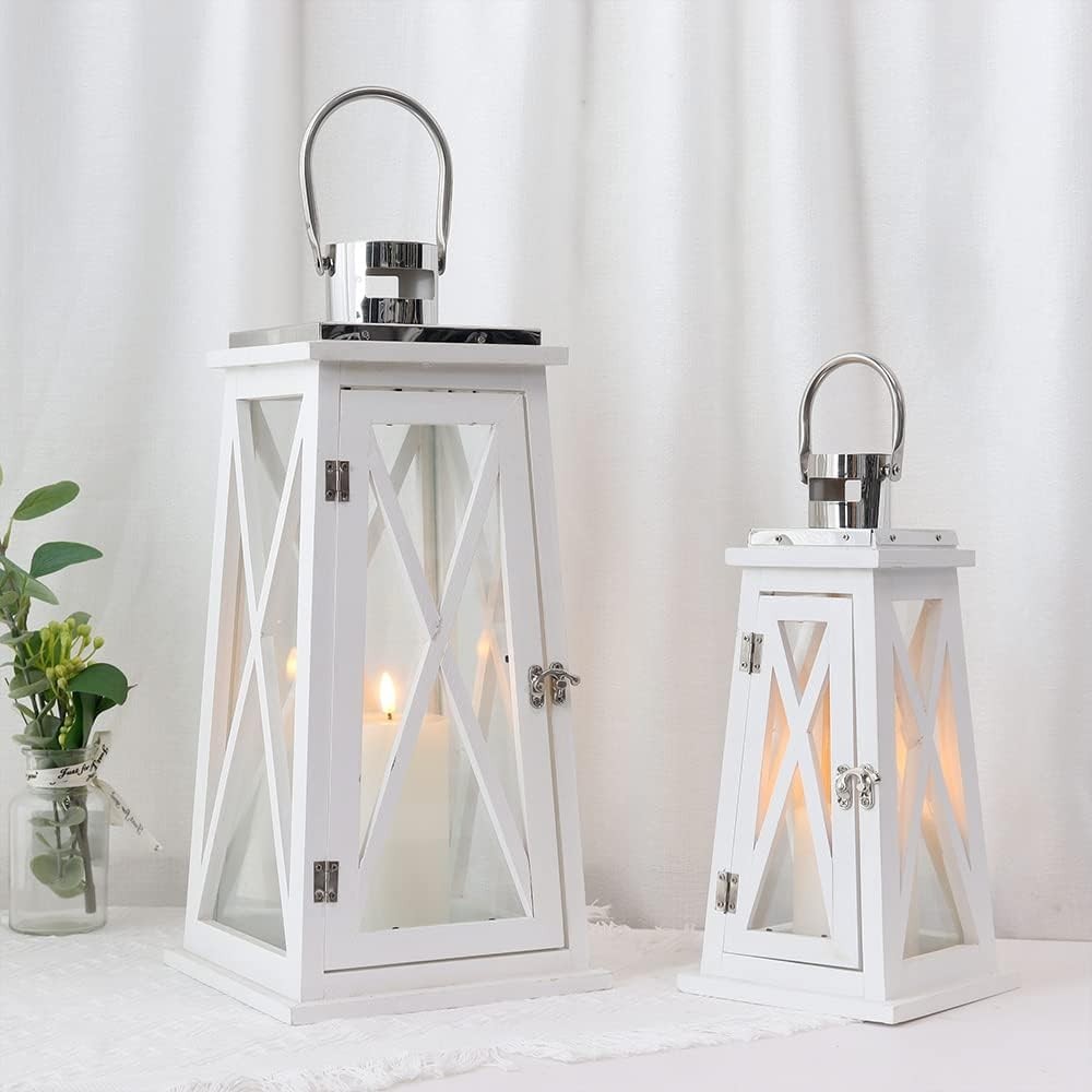 Set of 2 White Wooden Lanterns Rustic Candle Holders