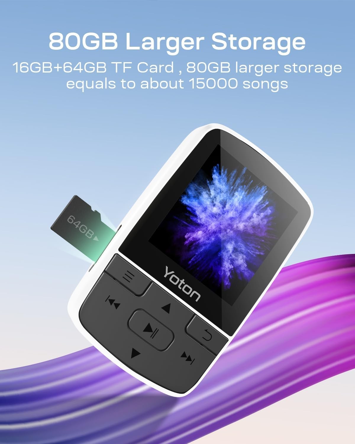 64GB Bluetooth 5.2 MP3 Player with Sports Clip & Headphones – White