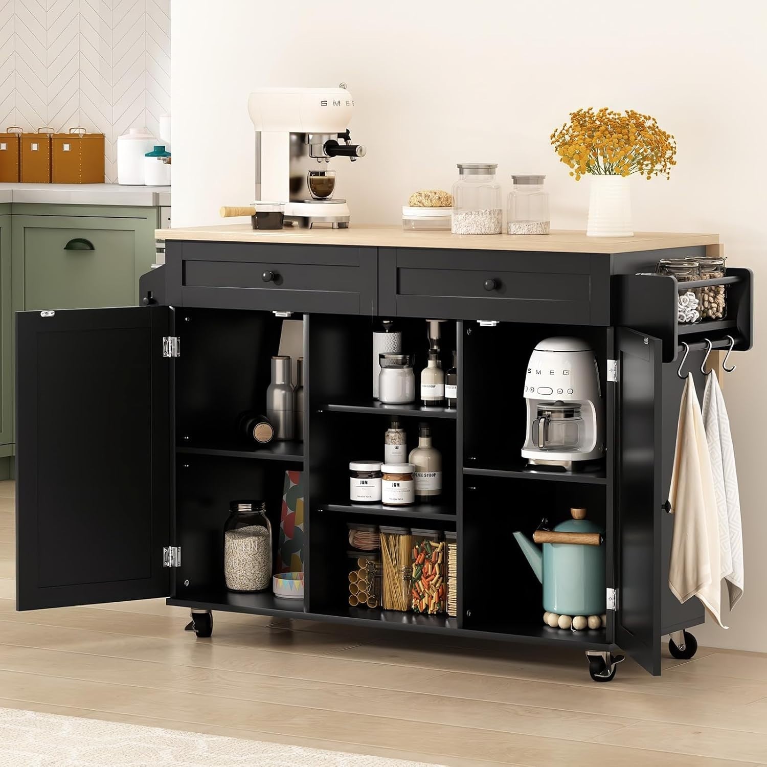 Rolling Kitchen Island Cart with Drop Leaf, Storage Cabinets & Wheels