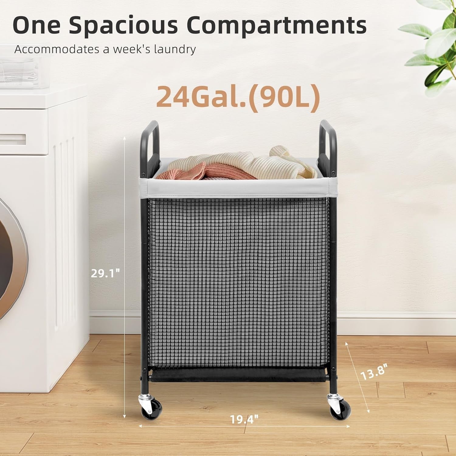 Rolling Laundry Hamper with Wheels 90L | Removable Liner Bag | Slim Laundry Cart