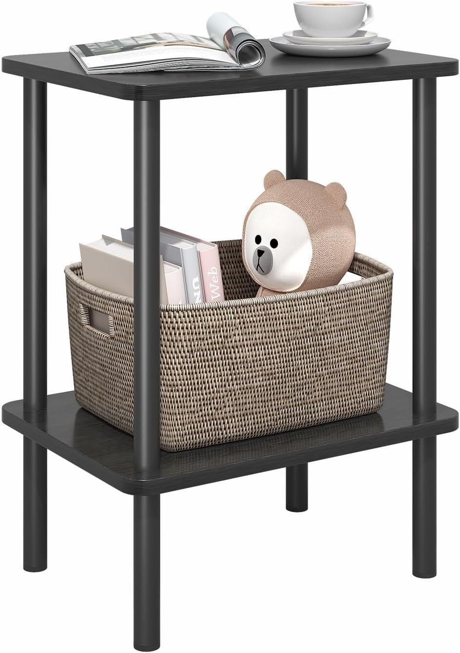 Compact 2-Tier Wooden Side Table, Narrow Bedside Storage, Black Finish
