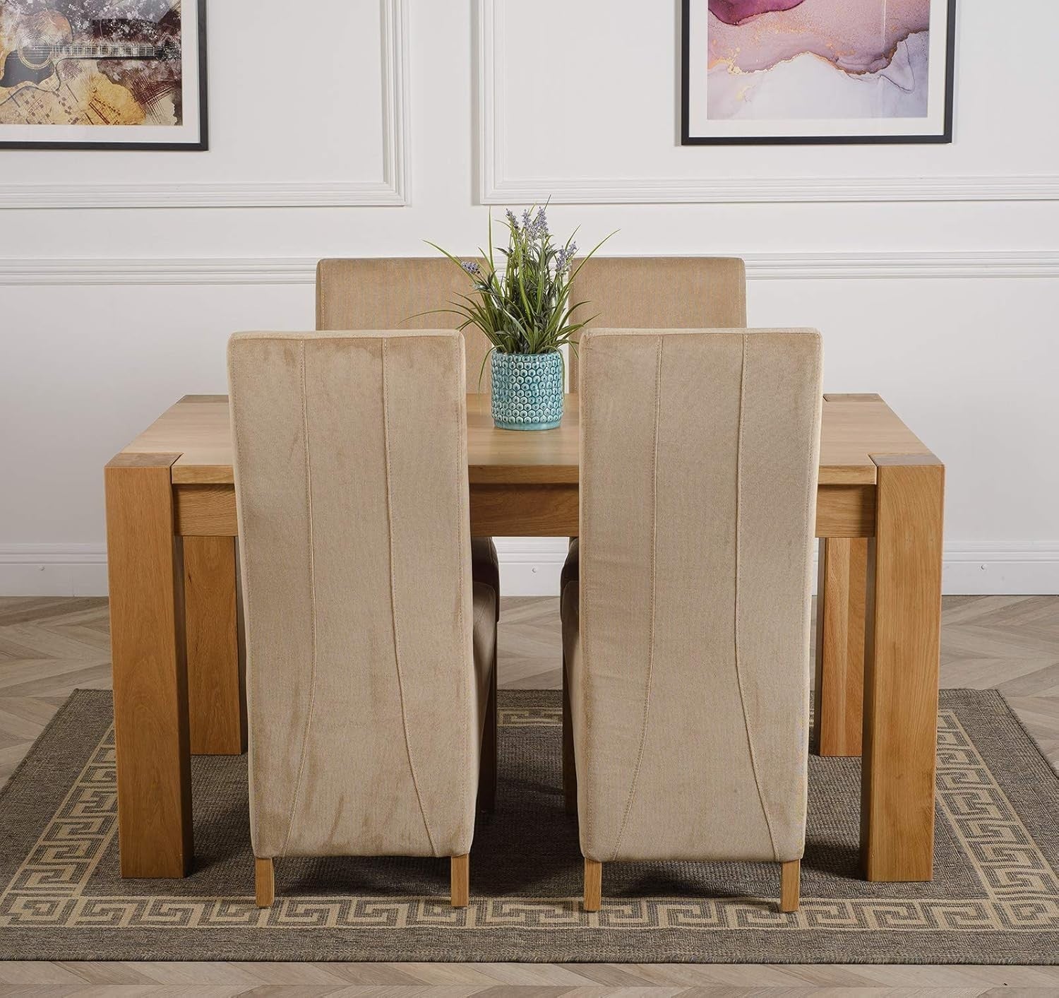 Oak Dining Table Set 4 Beige Fabric Chairs 150cm Solid Wood Modern