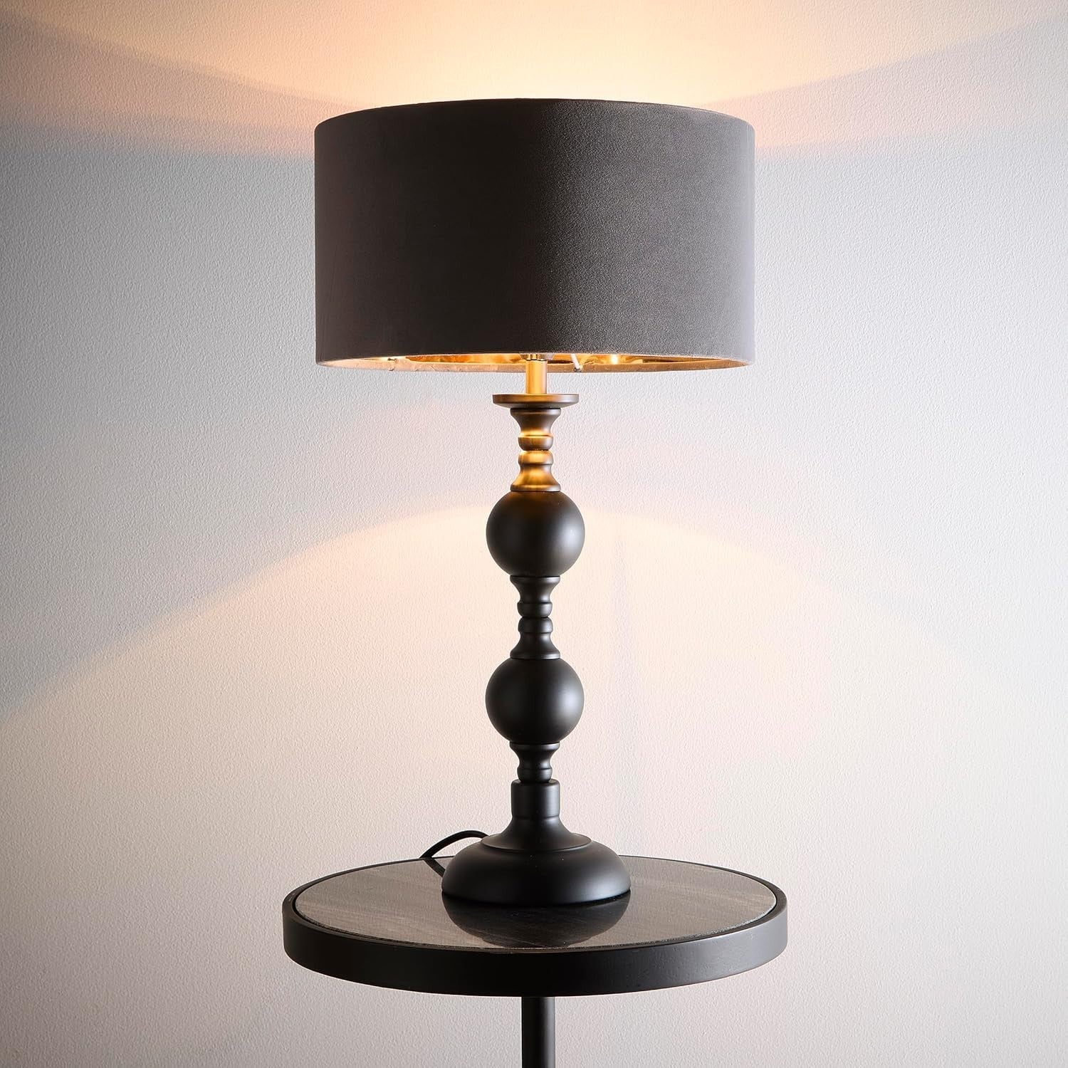 Black Metal Table Lamp Grey Velvet Shade Gold Interior E14 Light