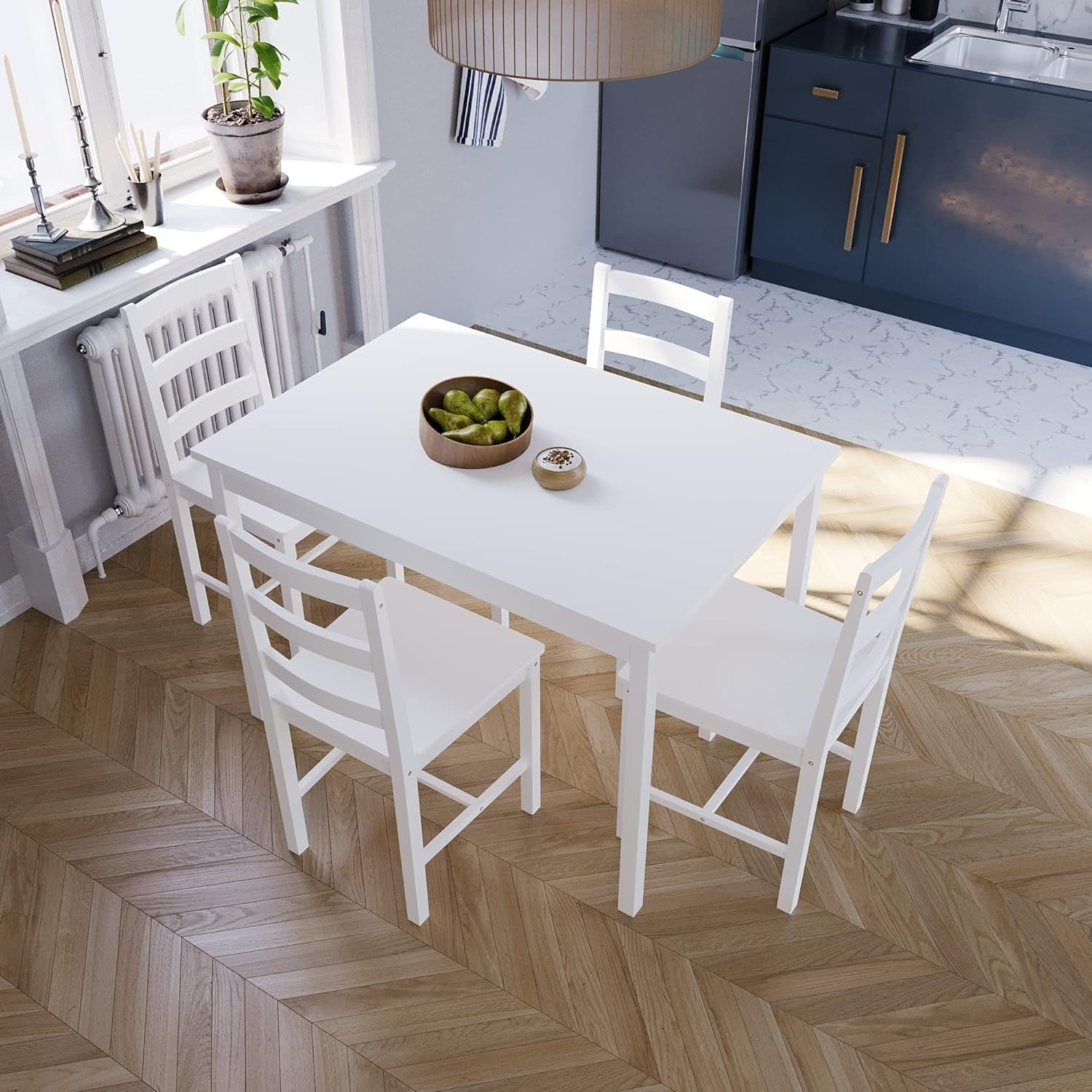 4 Seater White Dining Table Set | Compact Kitchen Furniture with Chairs