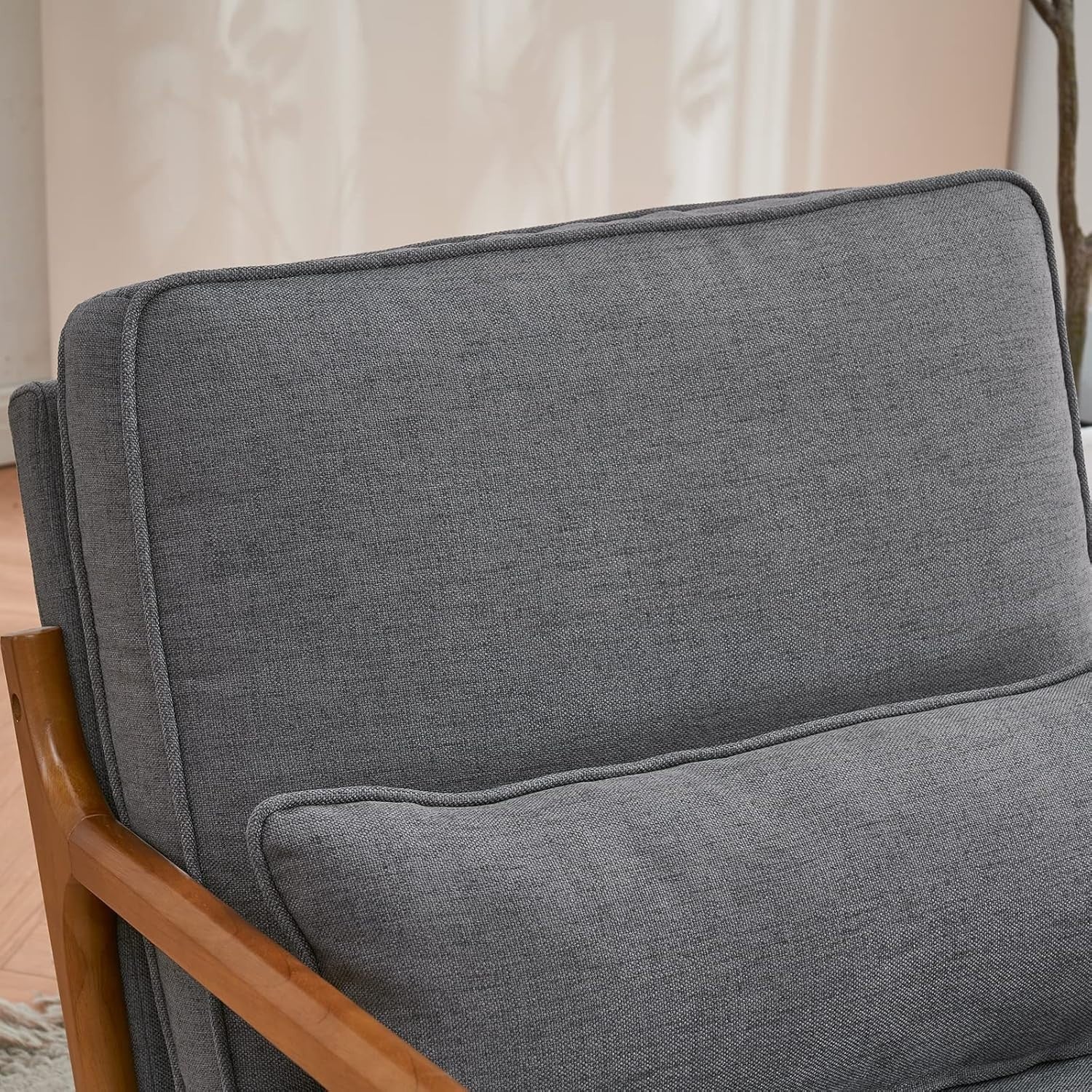 Mid Century Oak Armchair Linen Cushions Lounge Chair for Living Room