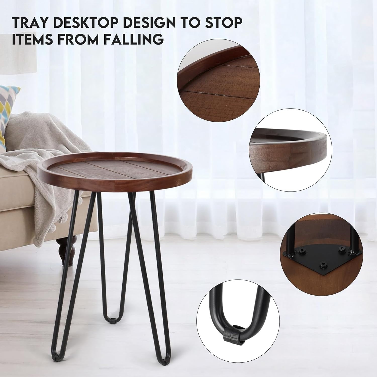 Round Wood Nesting Coffee Table Walnut Metal Frame Side End Tables Set of 2