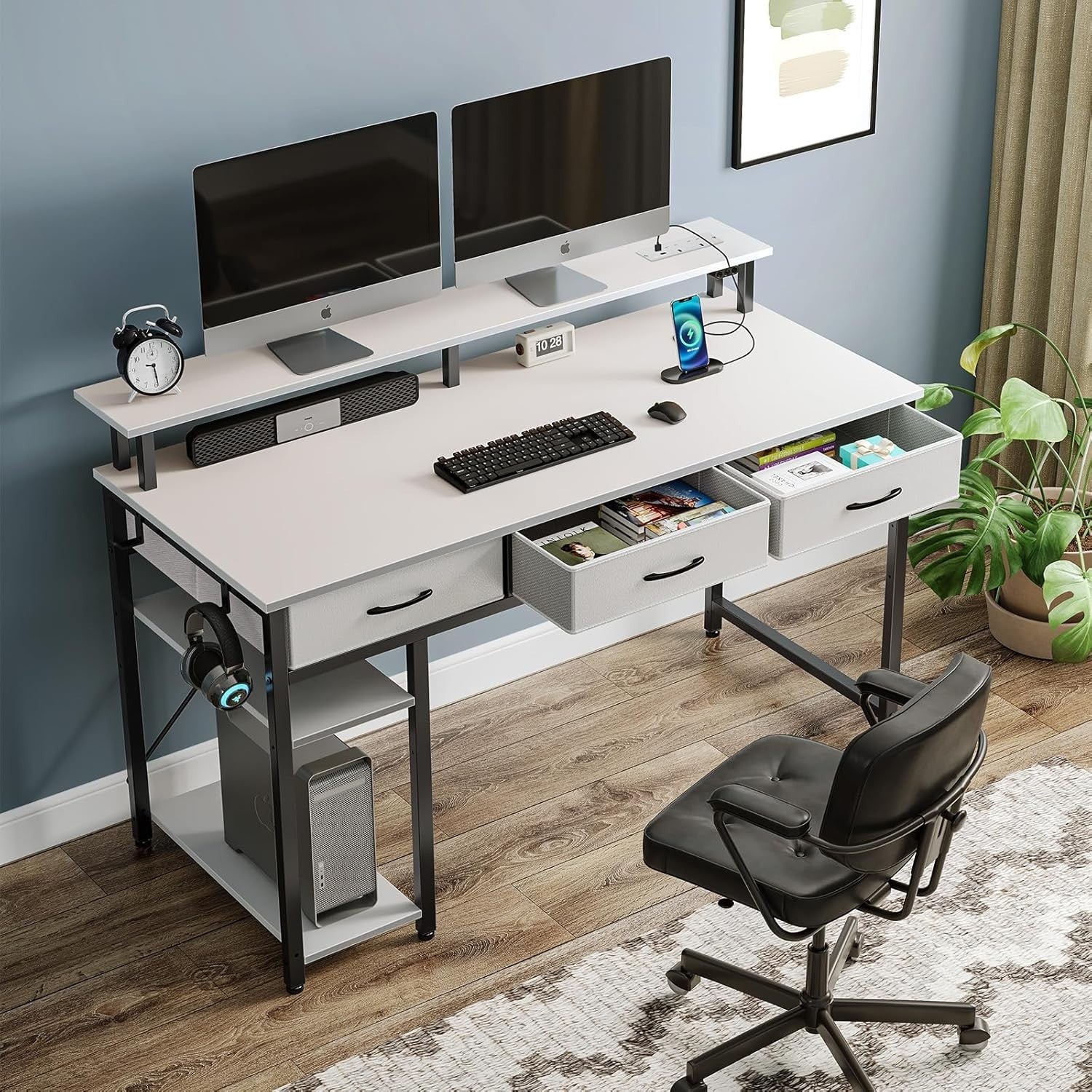 White 120cm Computer Desk with Drawers, LED Lights & Power Outlets