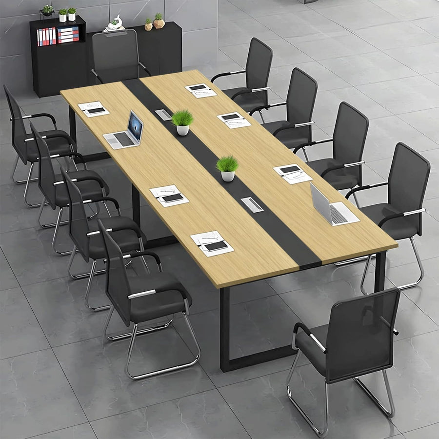 160x80cm Wood/Black Office Conference Table w/ Cable Ports & Adjustable Feet