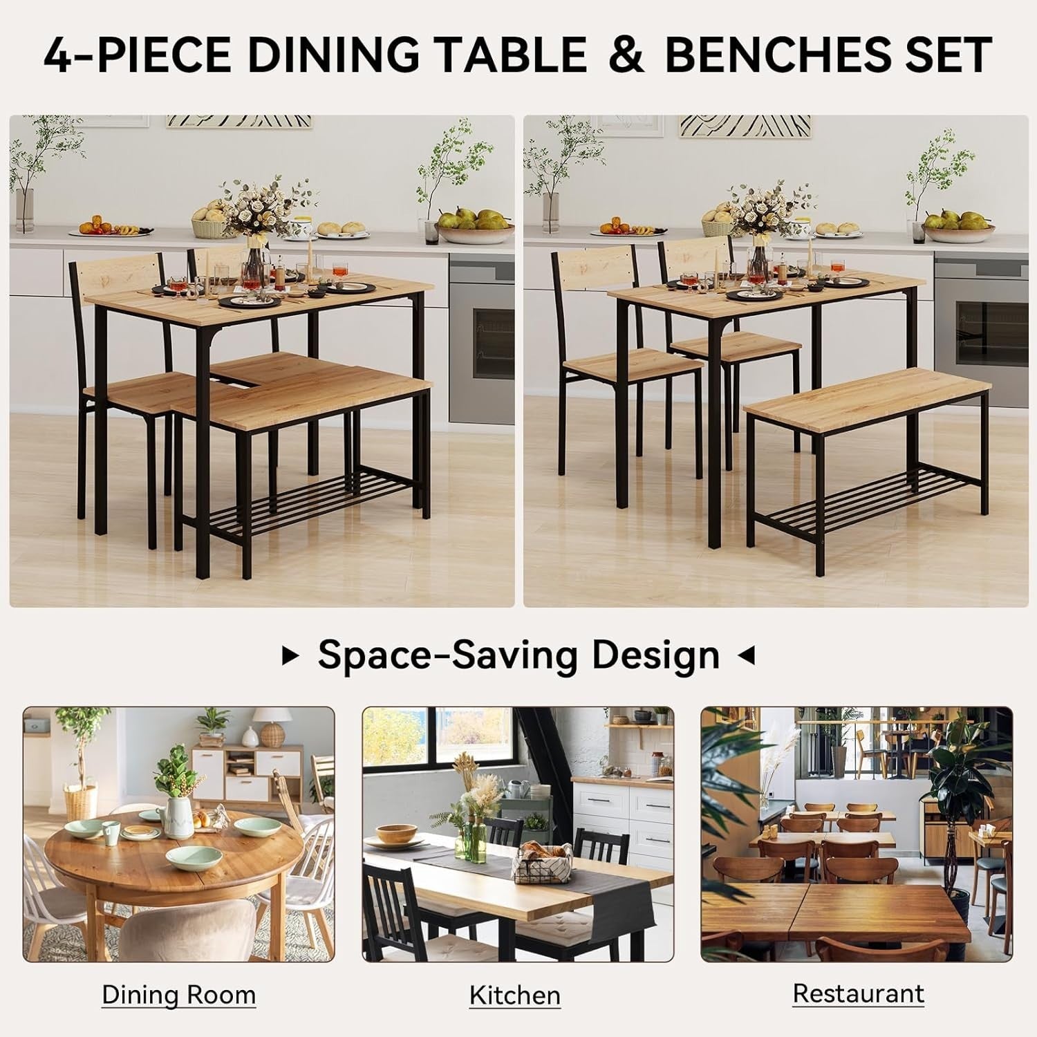 Oak Dining Table Set with 2 Chairs & Bench | Space-Saving, Modern Design