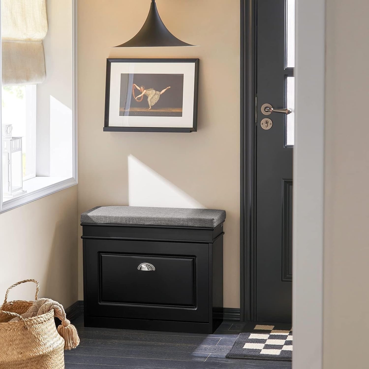Narrow Shoe Storage Bench with Flip Drawer & Grey Cushion, 61x24x51 cm Black