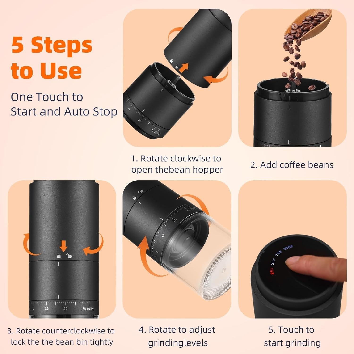 Electric Coffee Bean Grinder 38-Setting Burr Grinder USB Rechargeable Portable