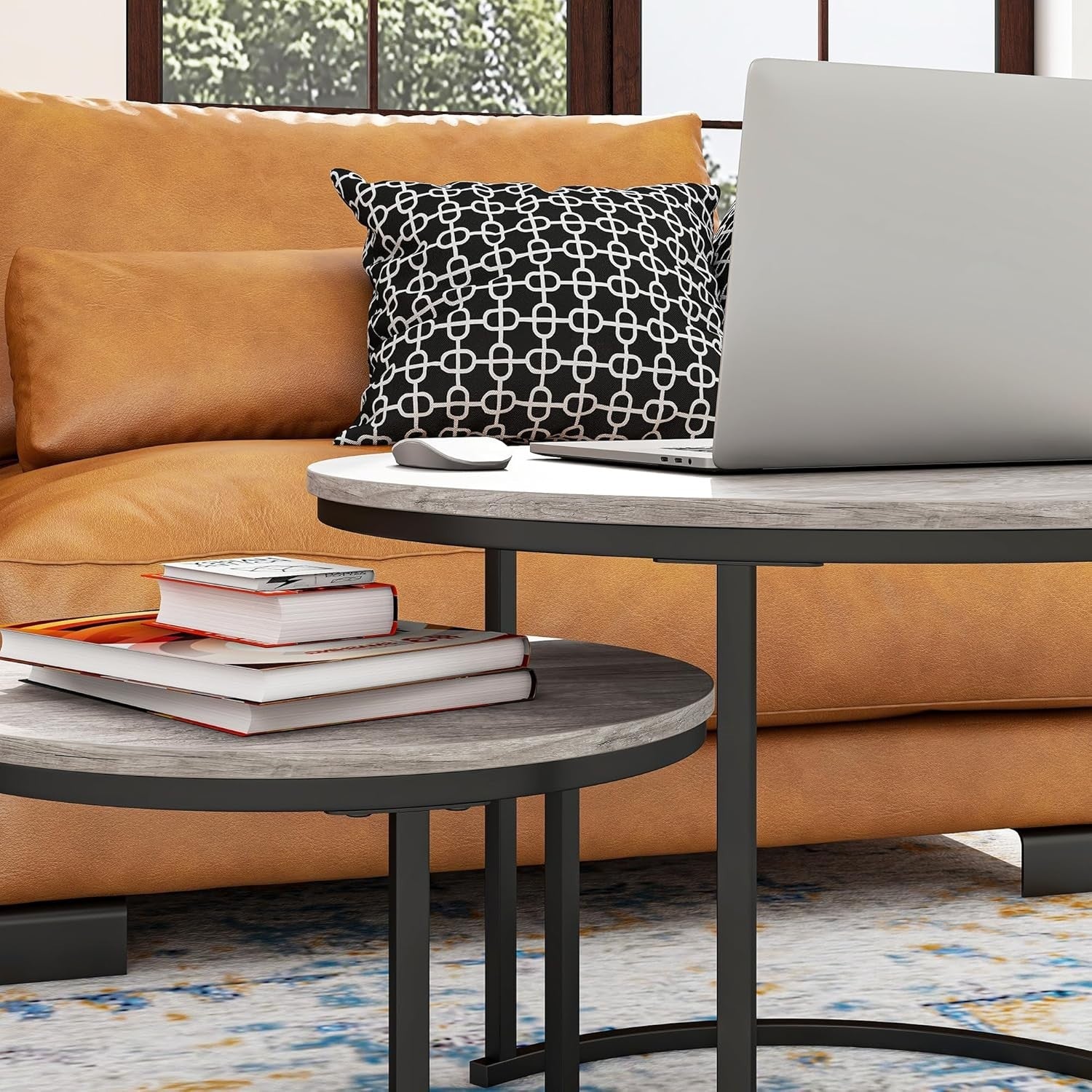 Space Saving Nesting Coffee Table Set Metal Legs Black/Grey End Side Desk
