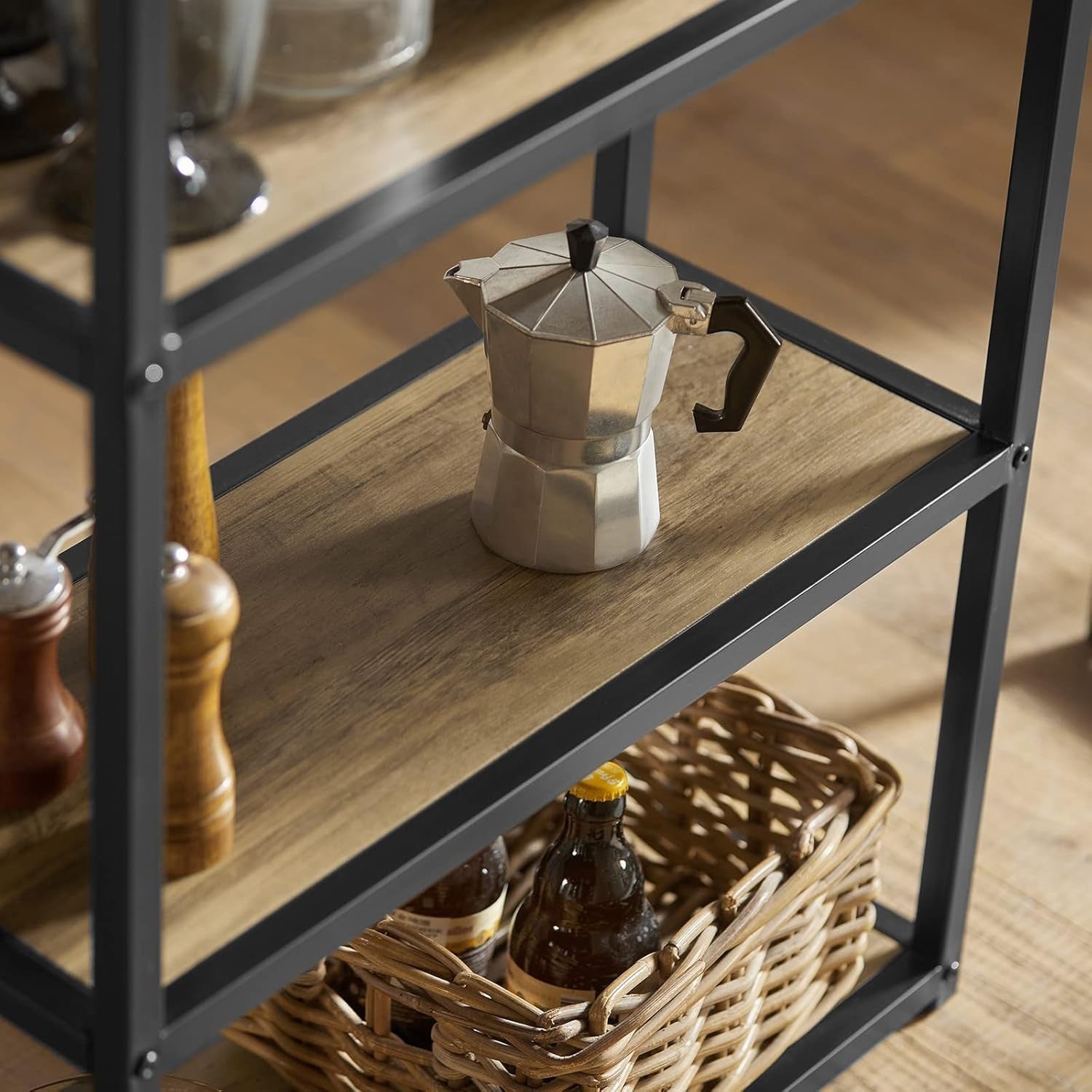 3 Piece Bar Table Set with Storage Shelves & 2 Stools Industrial Wood Metal