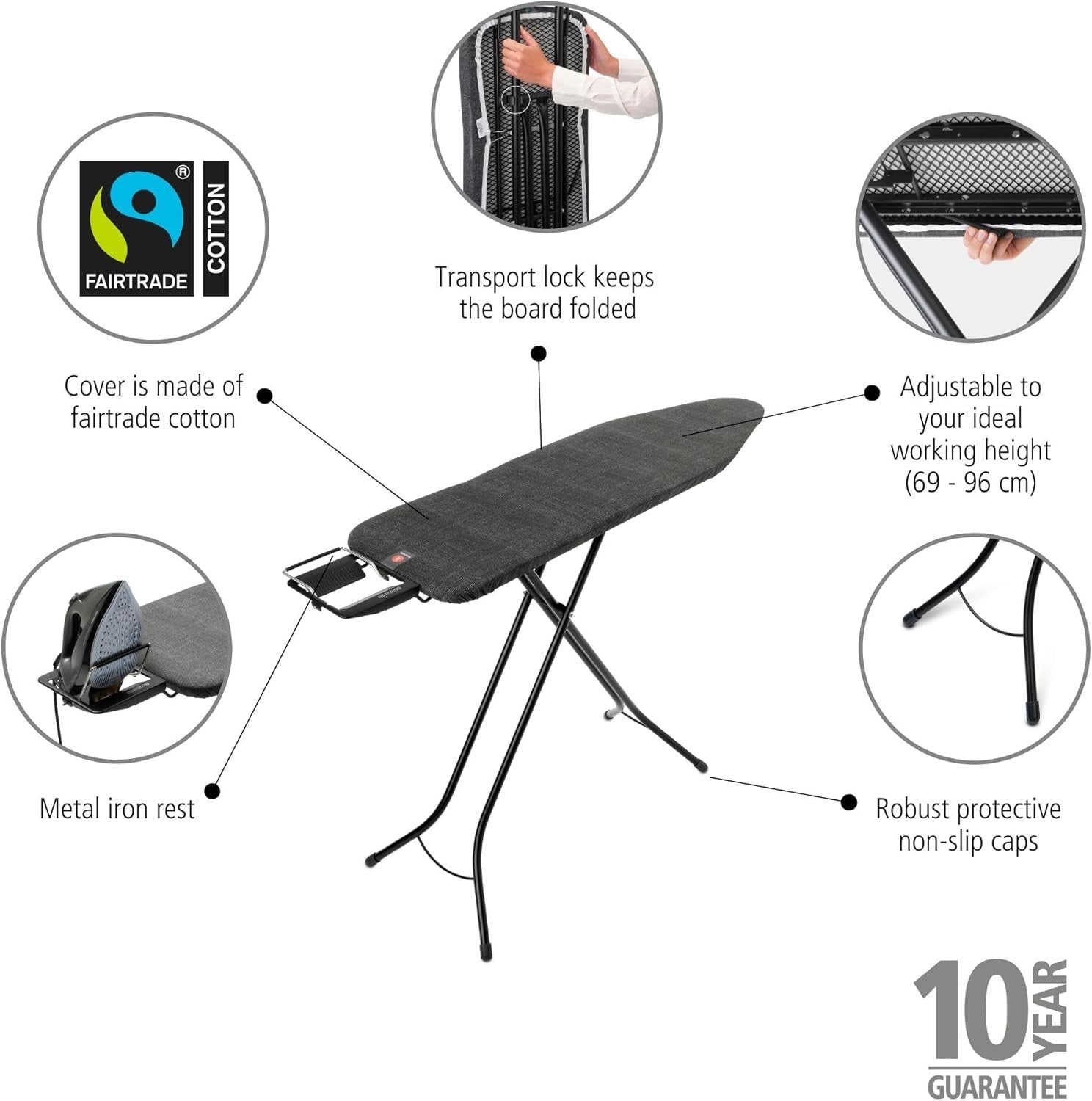 Large Ironing Board 124x38cm Adjustable Height Non Slip Steam Iron Rest