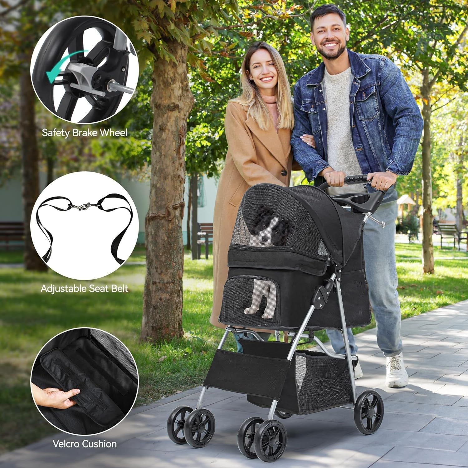 Black 4 Wheel Dog Stroller Folding Pet Pushchair Cup Holder Storage Basket