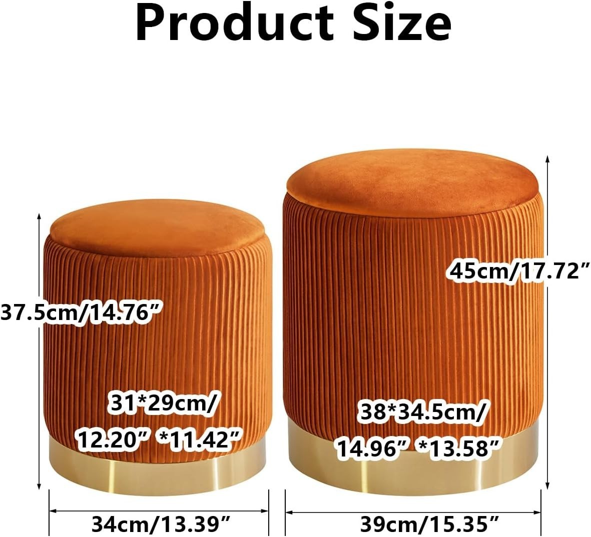 Set of 2 Velvet Storage Ottomans – Round Boucle Footstools & Side Tables Orange