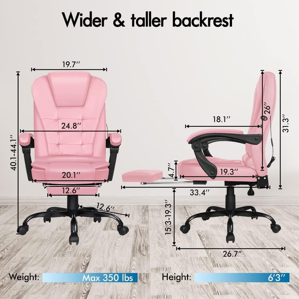 Pink Massage Gaming Office Chair Recliner Footrest Executive Swivel PU Leather