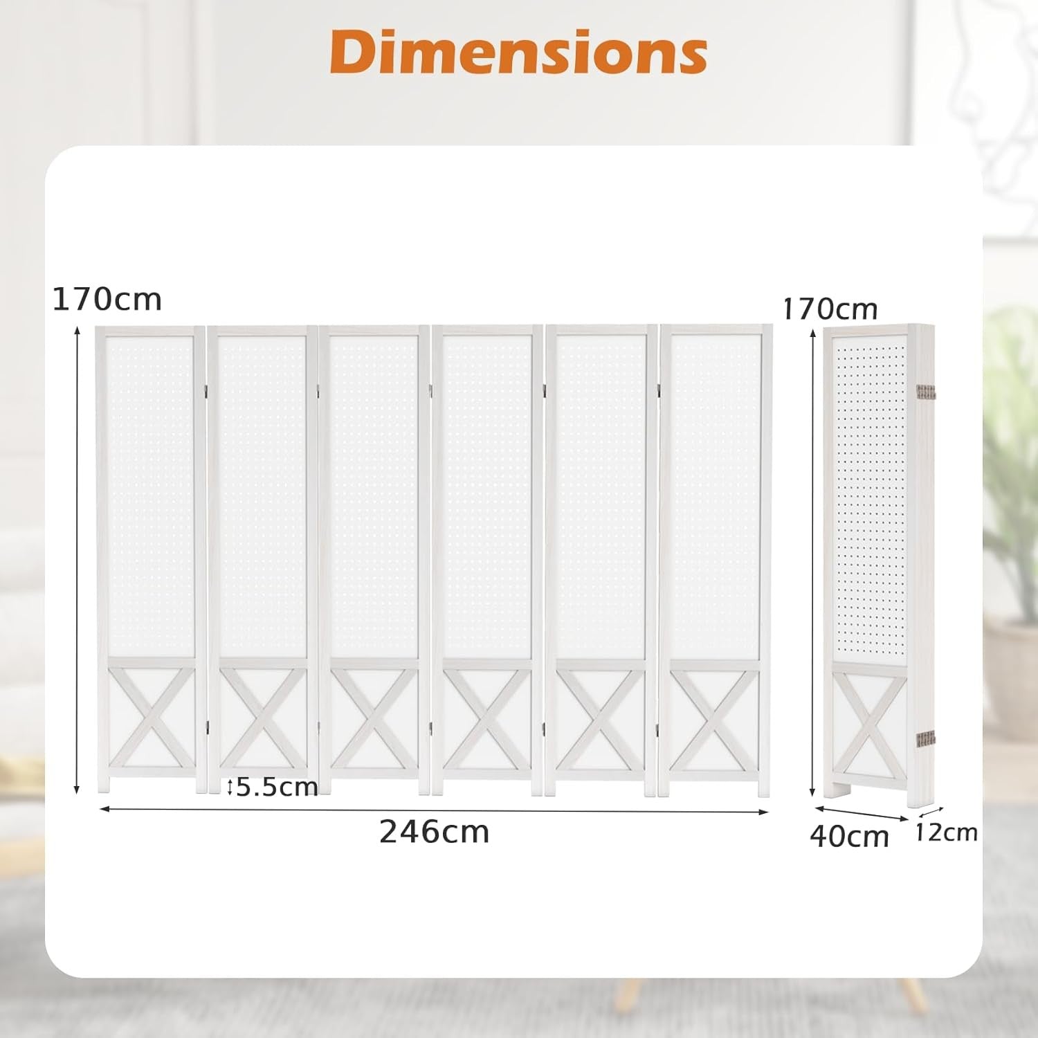 6 Panel White Wooden Folding Room Divider with Pegboard Display 246x170cm