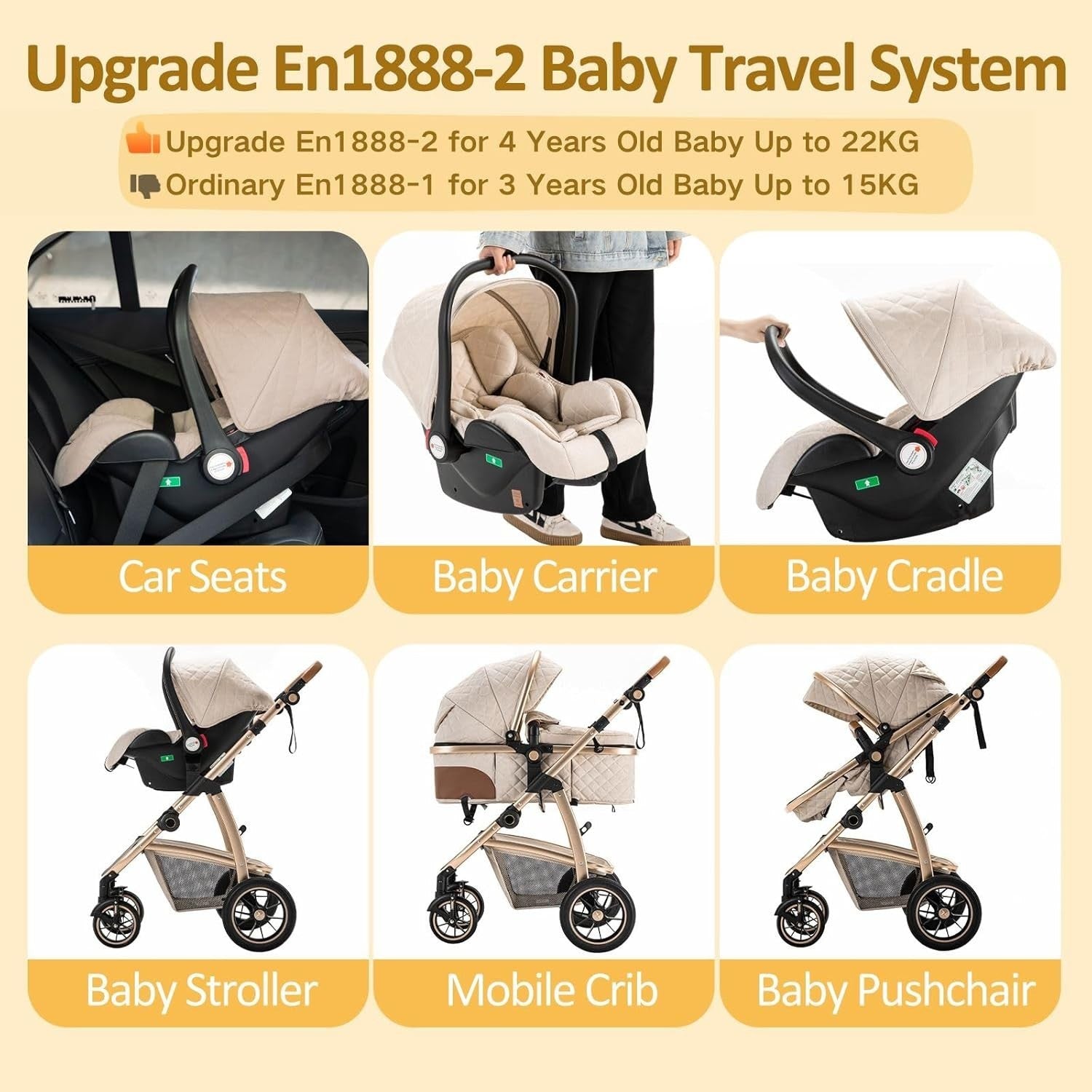 3-in-1 Baby Stroller Travel System Beige 0-4Y Adjustable Handle Car Seat