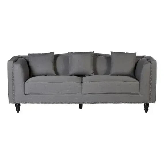 Grey Fabric 3 Seater Sofa w/ Silver Studs, Tuxedo Arms & Wood Feet