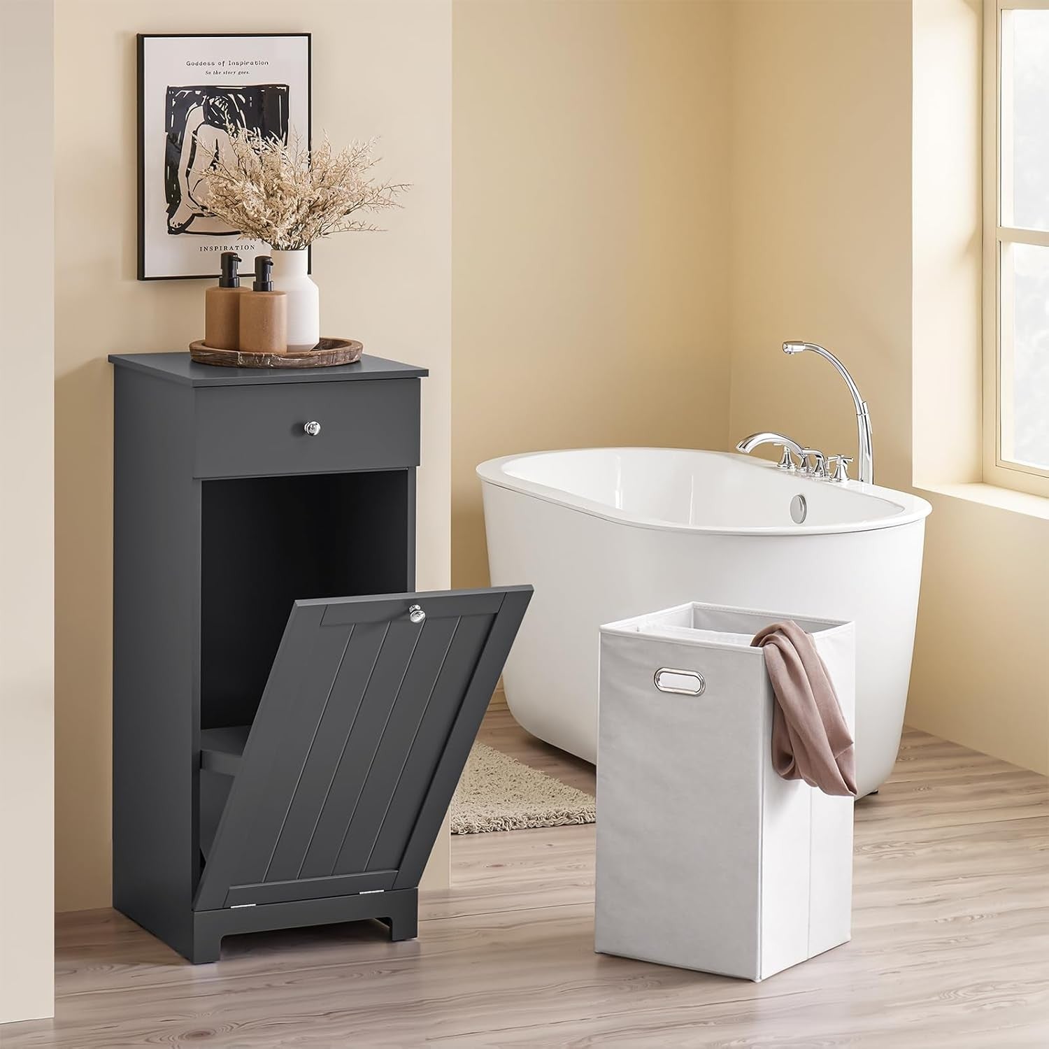 Slim Bathroom Laundry Cabinet with Tilt Hamper & Drawer, Space-Saving Unit 40x90