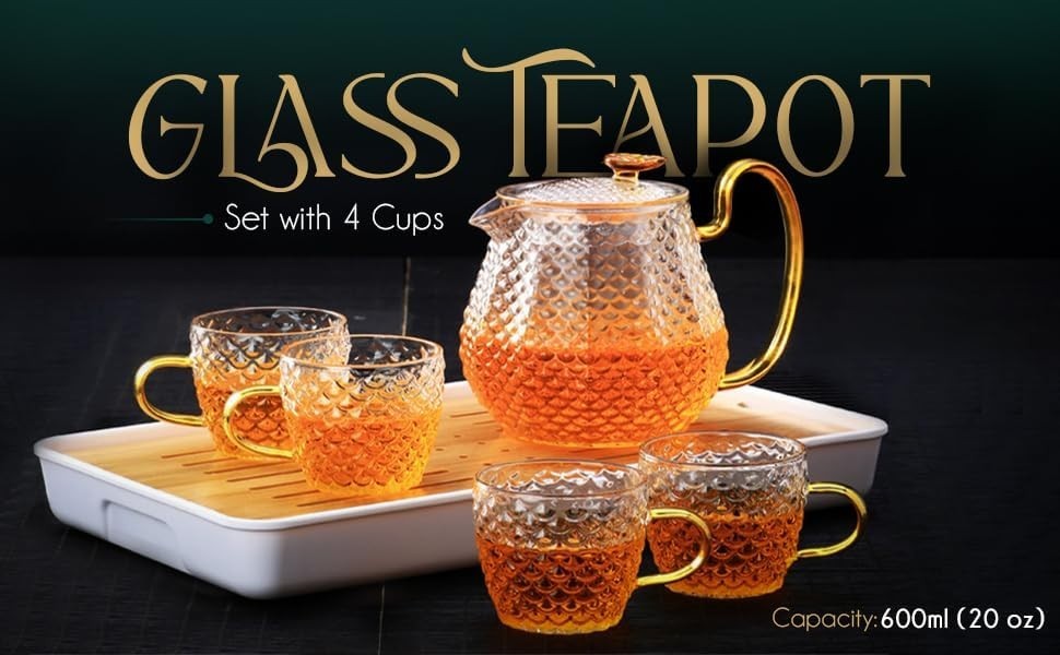 600ml Glass Teapot Set with 4 Tea Glasses Infuser Stovetop Safe