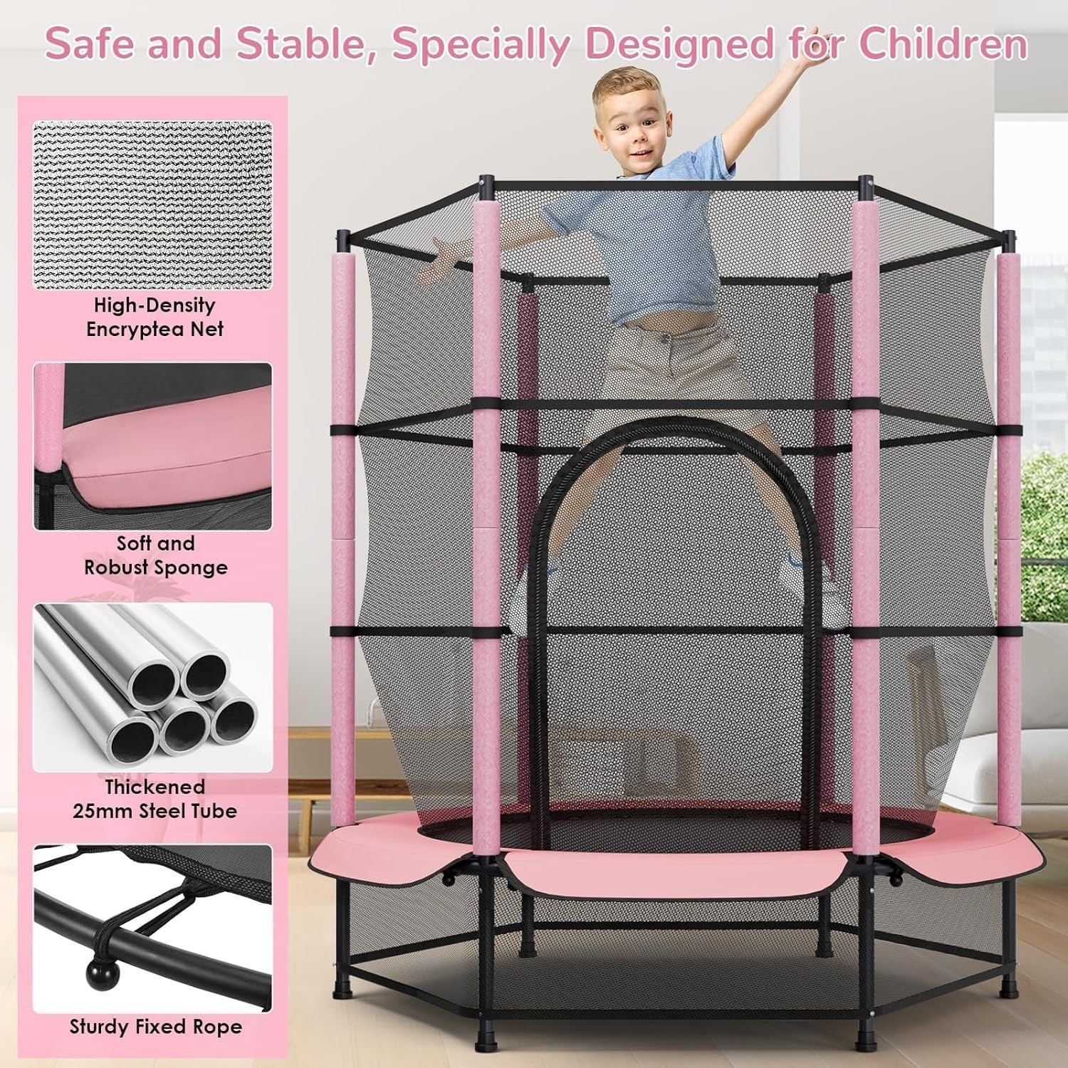 55” Kids Trampoline Indoor Outdoor Safety Enclosure Floor Net Ages 3–10
