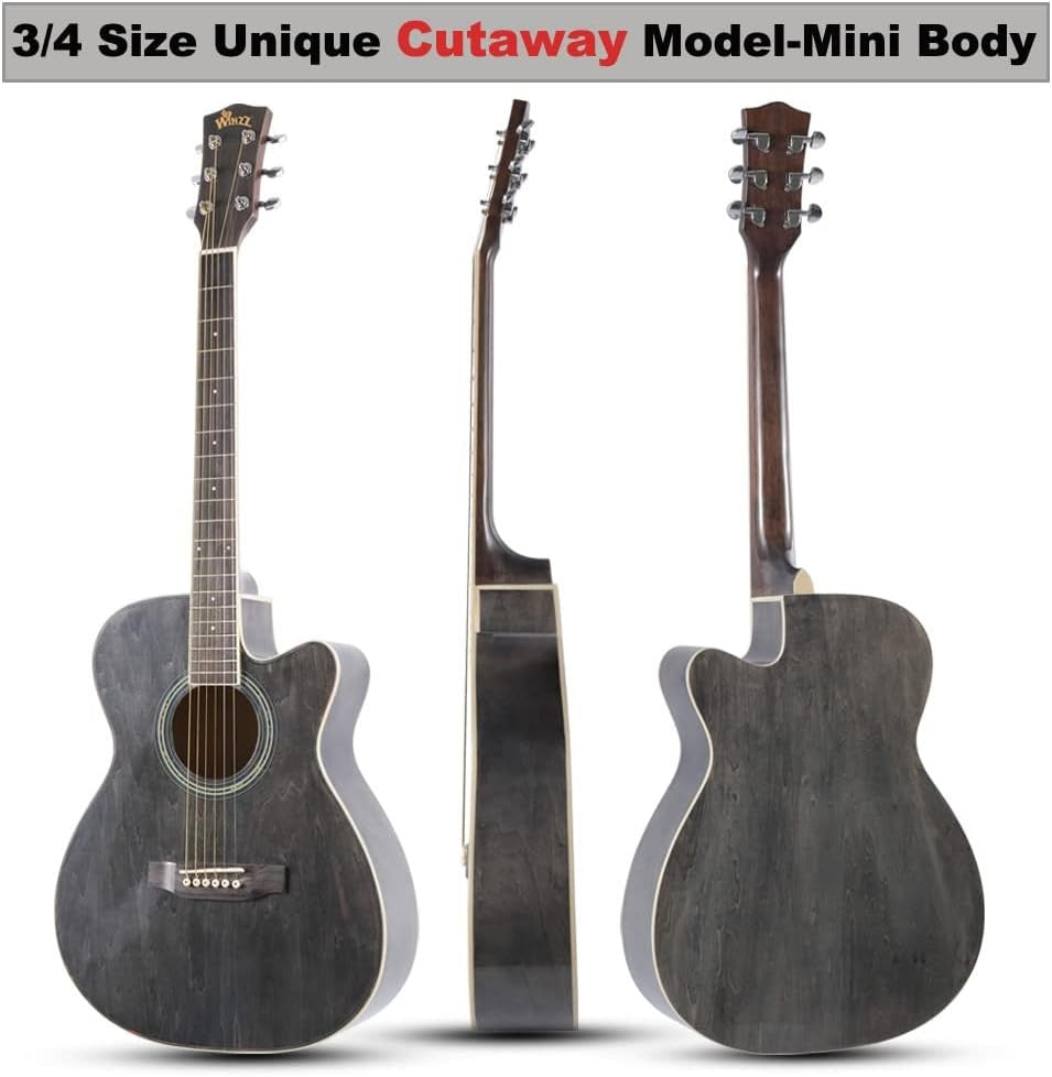 3/4 Acoustic Guitar 36in Cutaway Starter Kit Black Grey