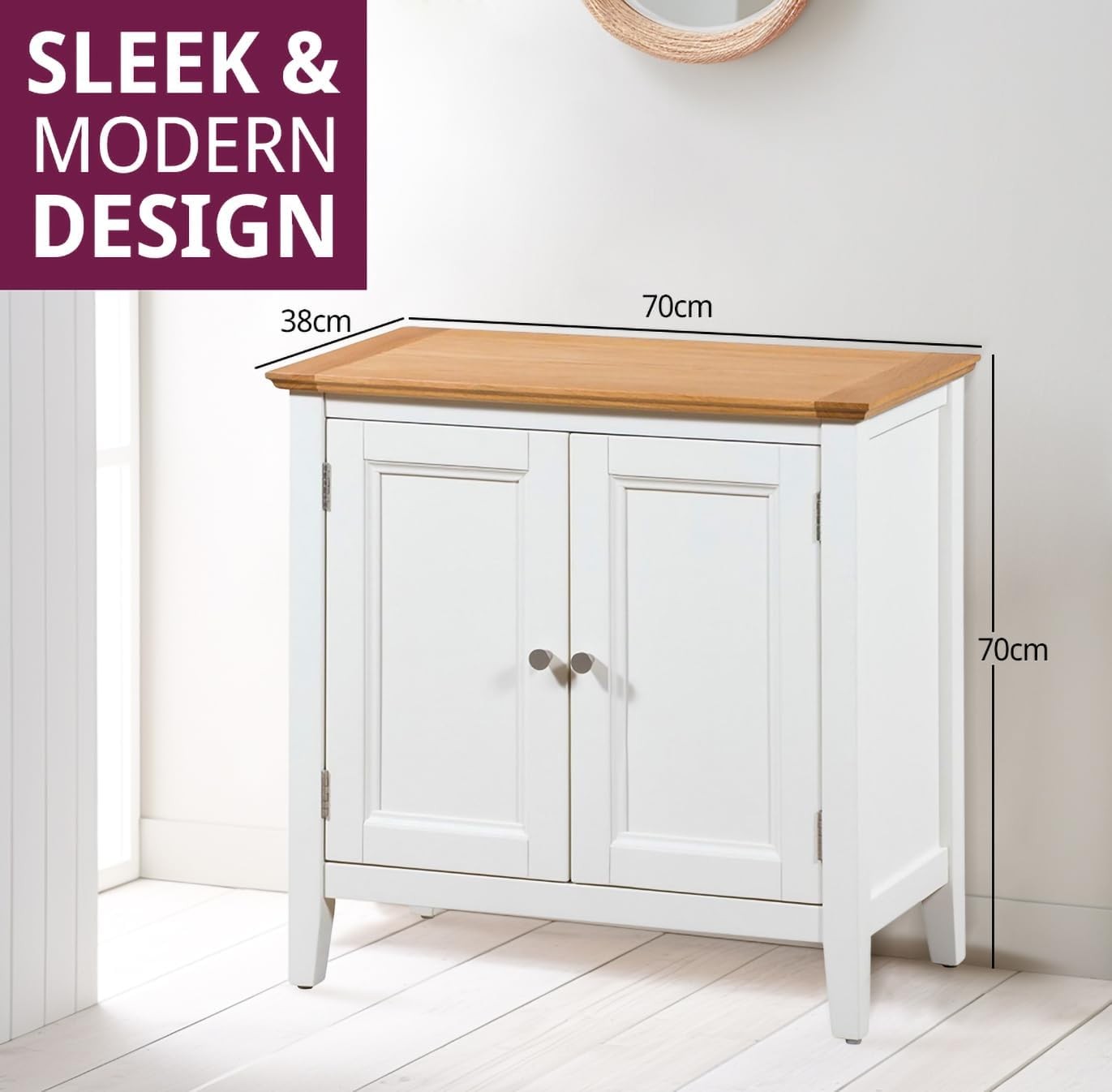 Small White Wooden Storage Cabinet with Oak Top Cupboard for Hallway