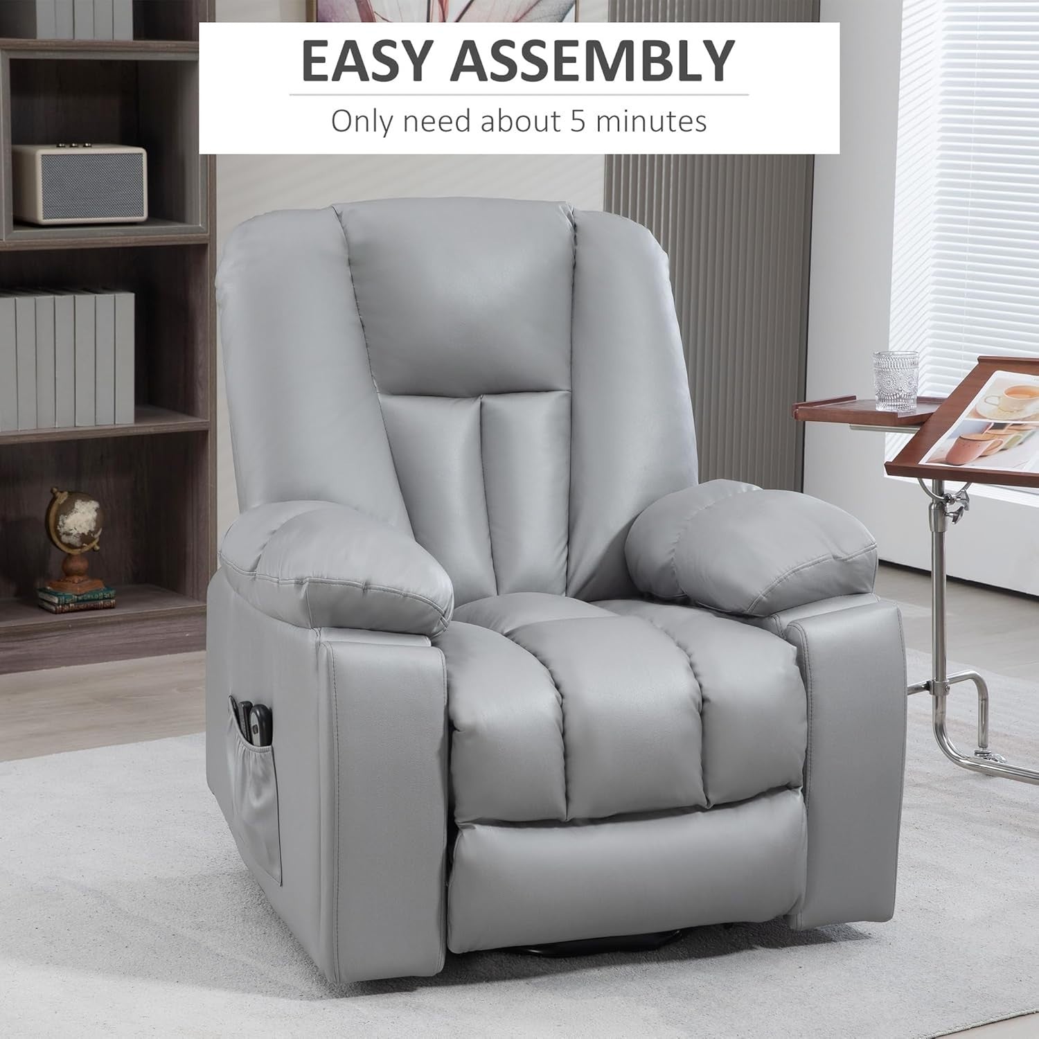 Power Lift Recliner Chair Massage 135° Recline Cup Holder Pocket Spring Grey