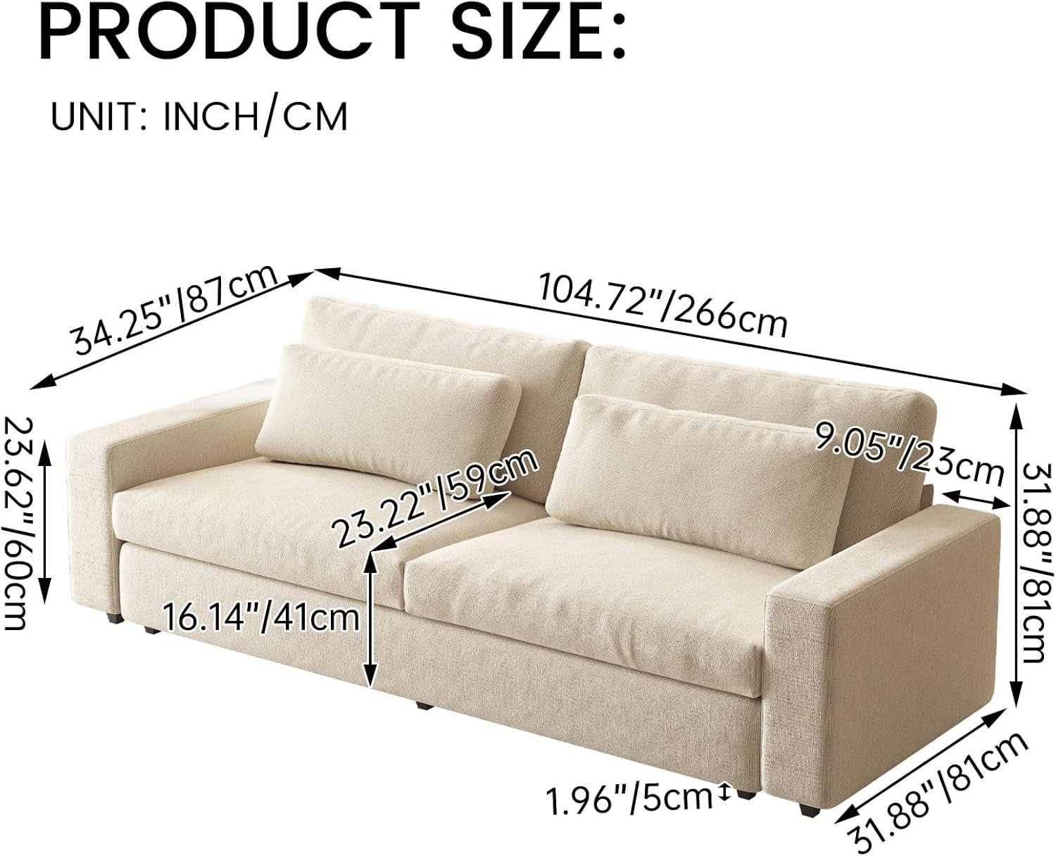 Modern 2-Seater Deep Seat Sofa Beige Fabric Couch with Cushions, 105” Wide