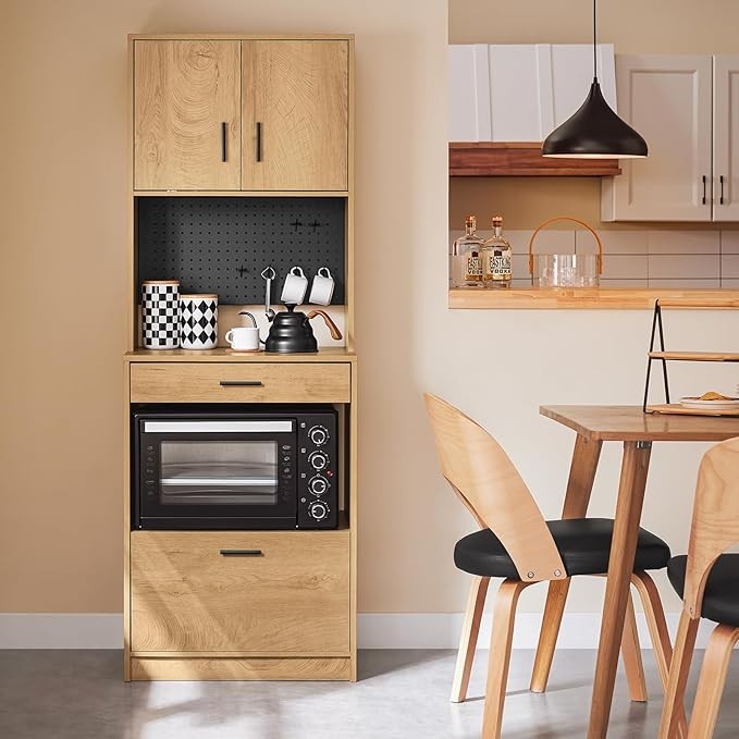Tall Oak Kitchen Storage Cabinet with Microwave Shelf & Cupboard 170cm
