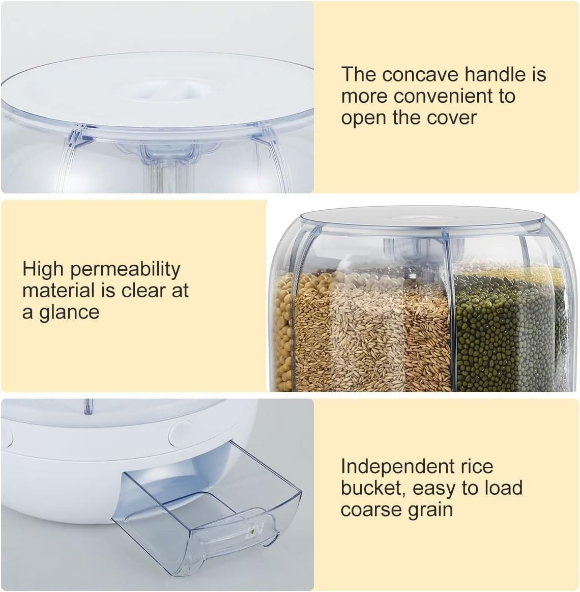6 Grid 360° Rotating Rice Dispenser Airtight PP Bin