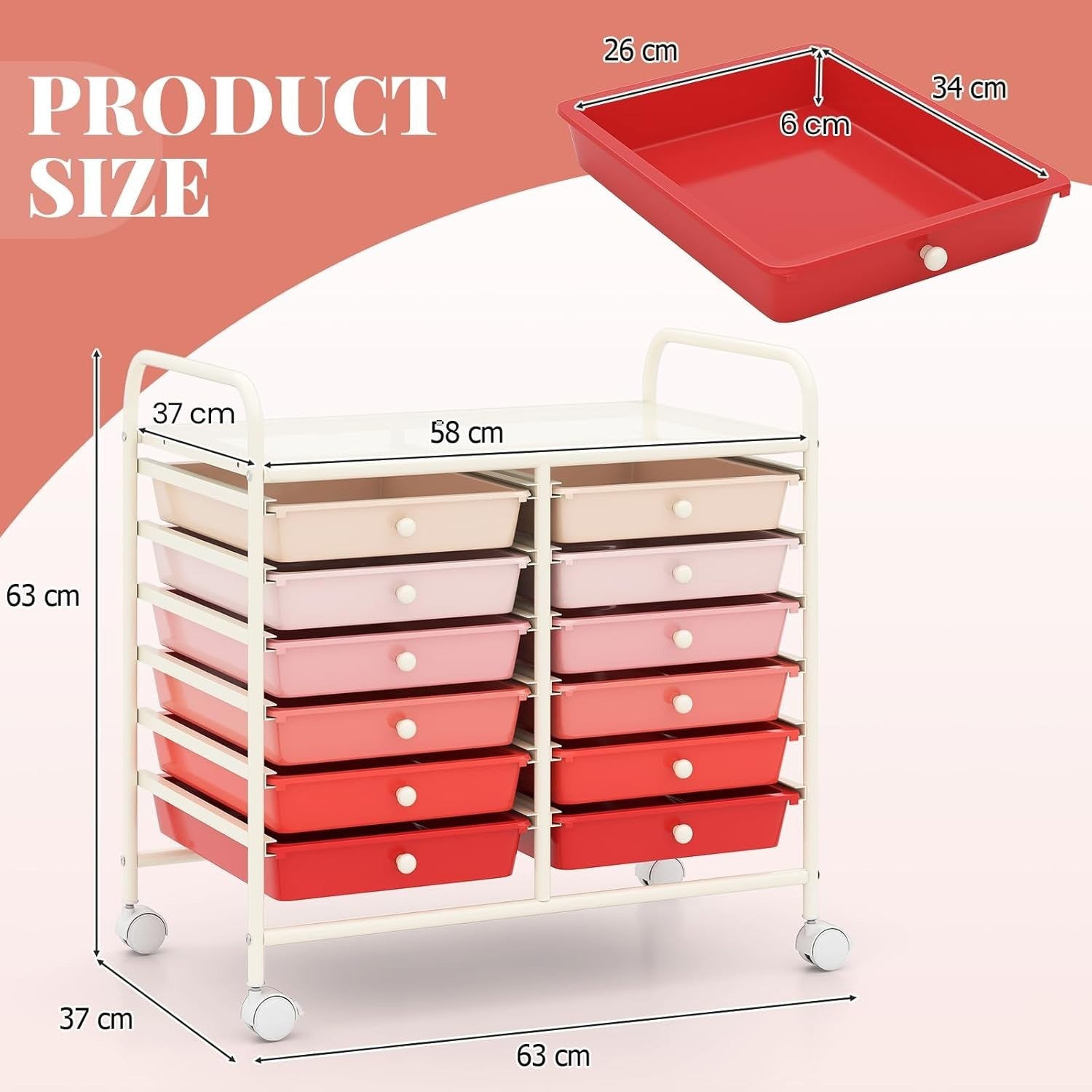 12 Drawer Rolling Storage Cart Pink Utility Trolley Organizer Wheels