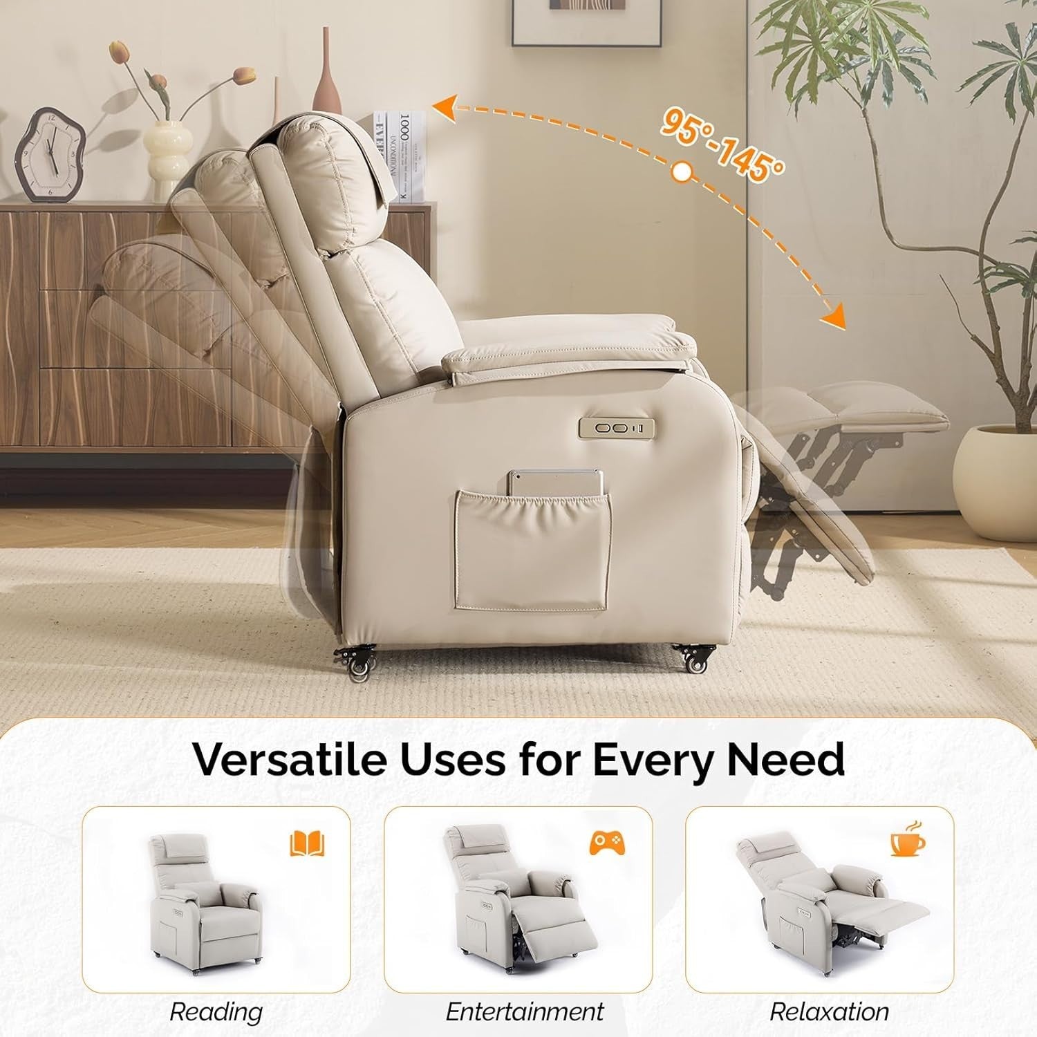 Electric Recliner Chair w/ Wheels Massage Heat Back Footrest Leather Pearl Grey