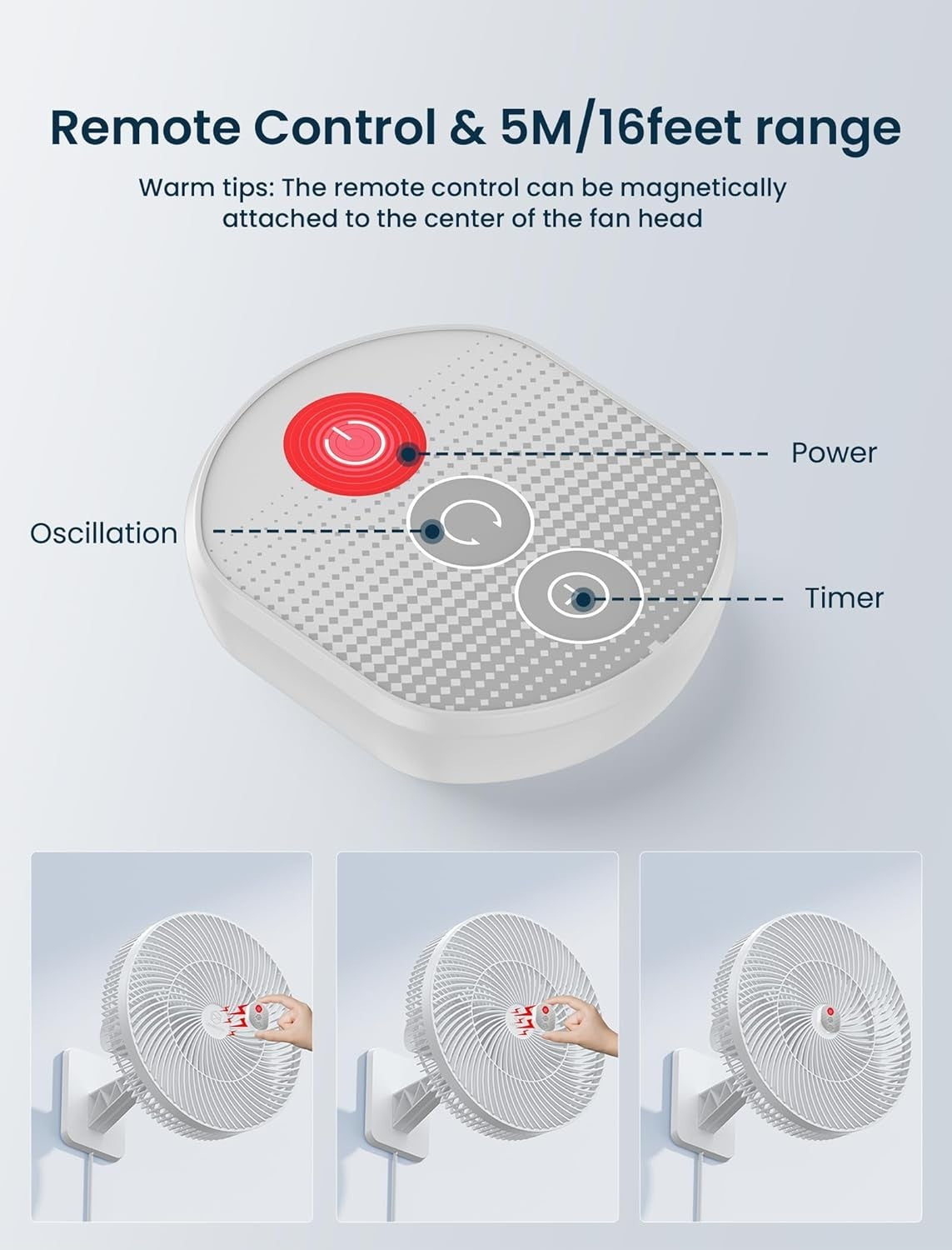 12" Wall Mount Fan Remote Control 4-Speed Quiet Cool Adjustable Tilt Timer White