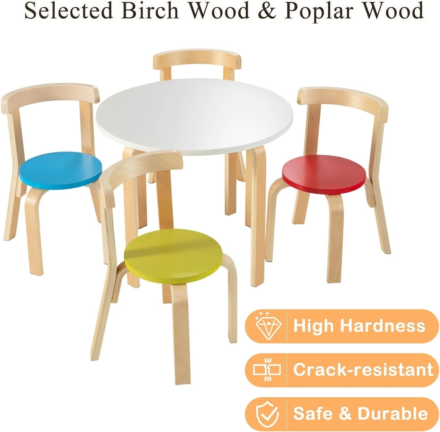 Kids Table and Chairs Set 5pc Wooden Round Playroom Furniture with 4 Stackable C