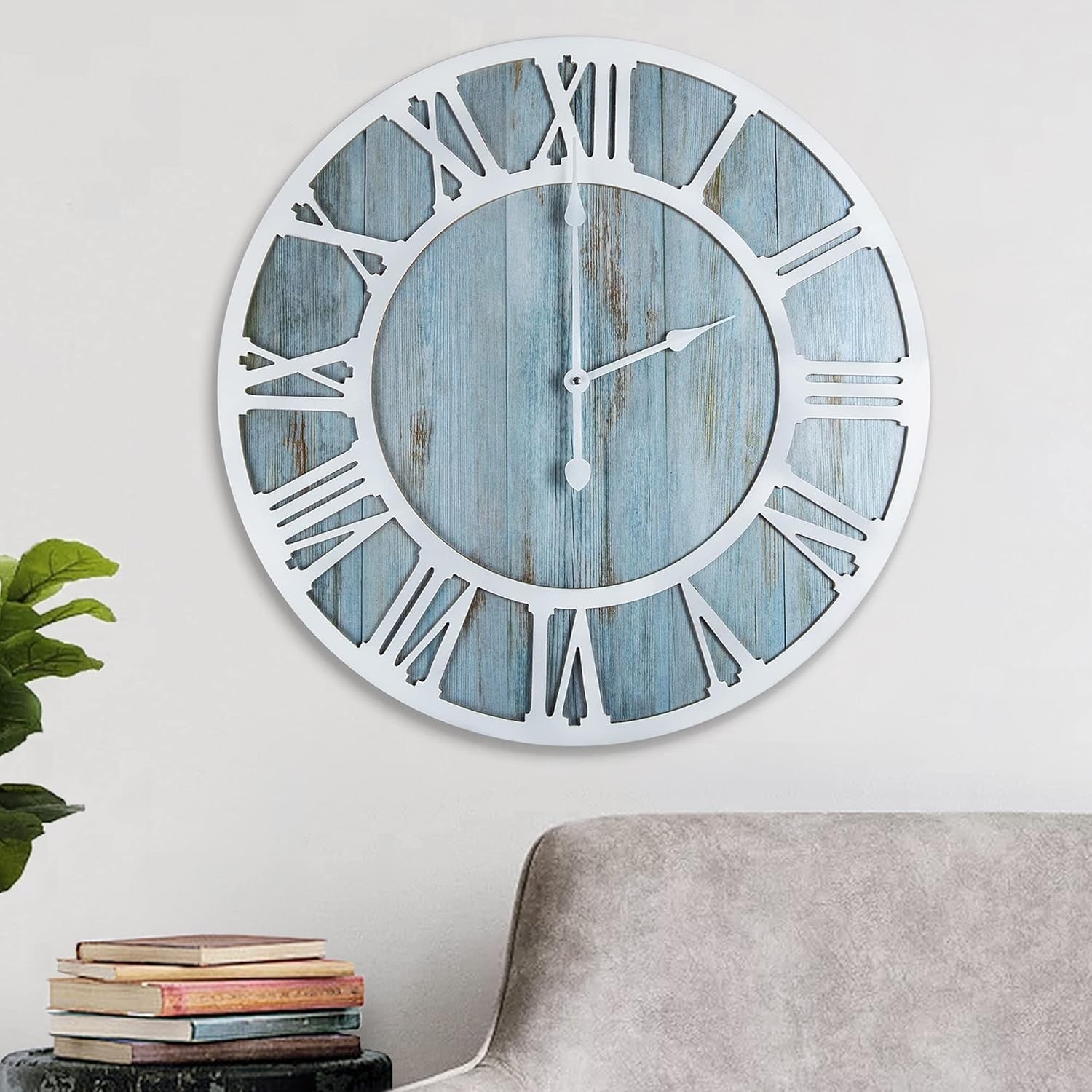 16" Rustic Blue Wood Wall Clock Silent Non-Ticking Round Roman Numeral Decor