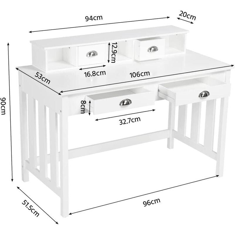 White Computer Desk 4 Drawer Home Office Table Hutch Laptop Workstation